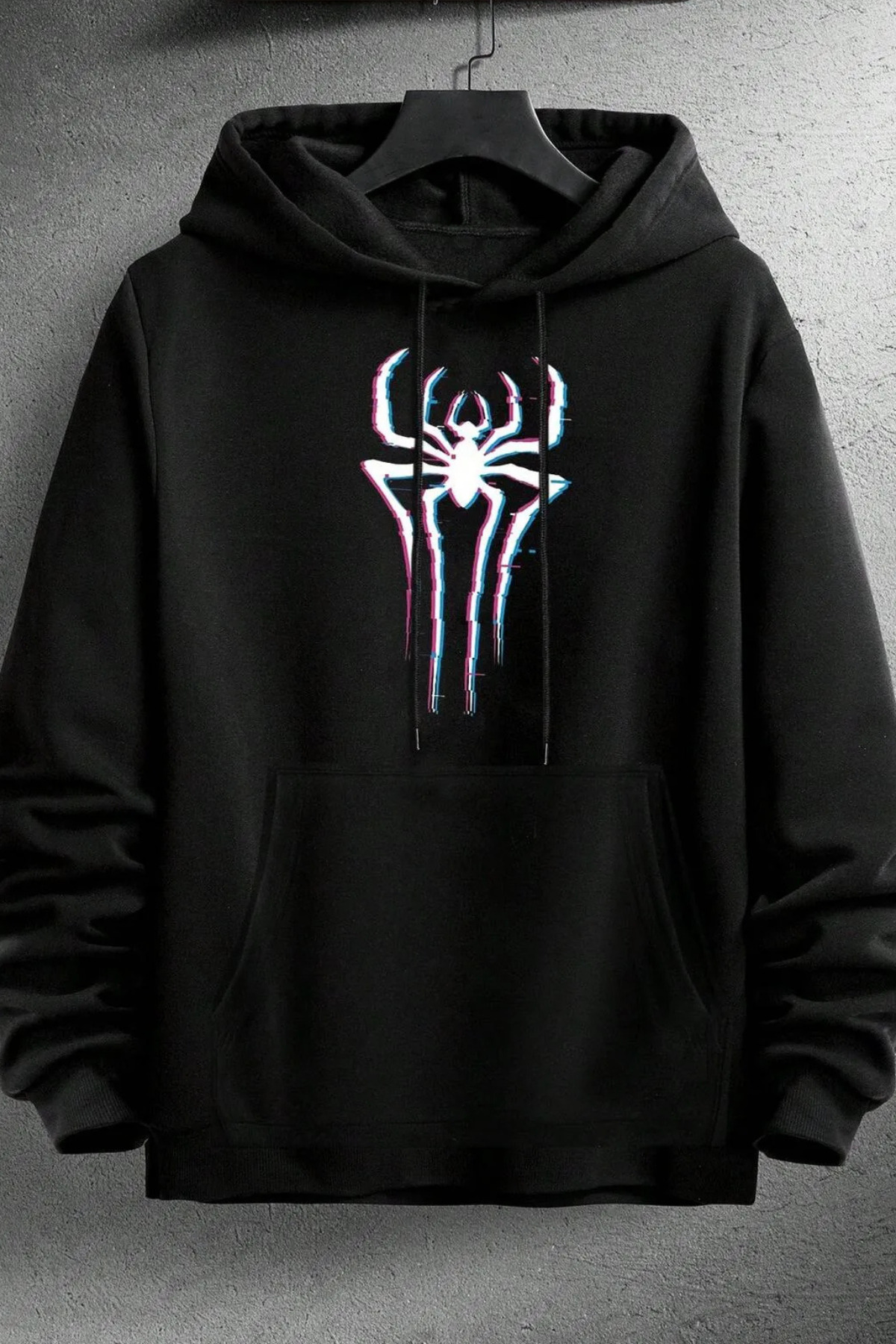 Wish BF neon spider örümcek logosu ön baskılı siyah oversize kapşonlu sweatshirt hoodie görsel 2