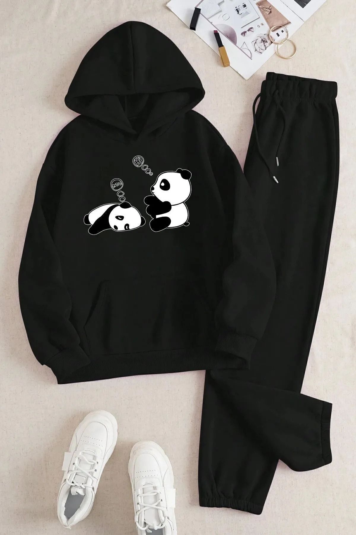 FECCY Pamuklu panda baskılı kapşonlu siyah  taım oversize sweatshirt