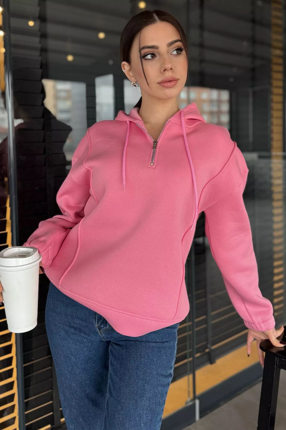 GÜLSELİ Pembe Yarım Fermuarlı Üç İplik Şardonlu Kadın Sweatshirt