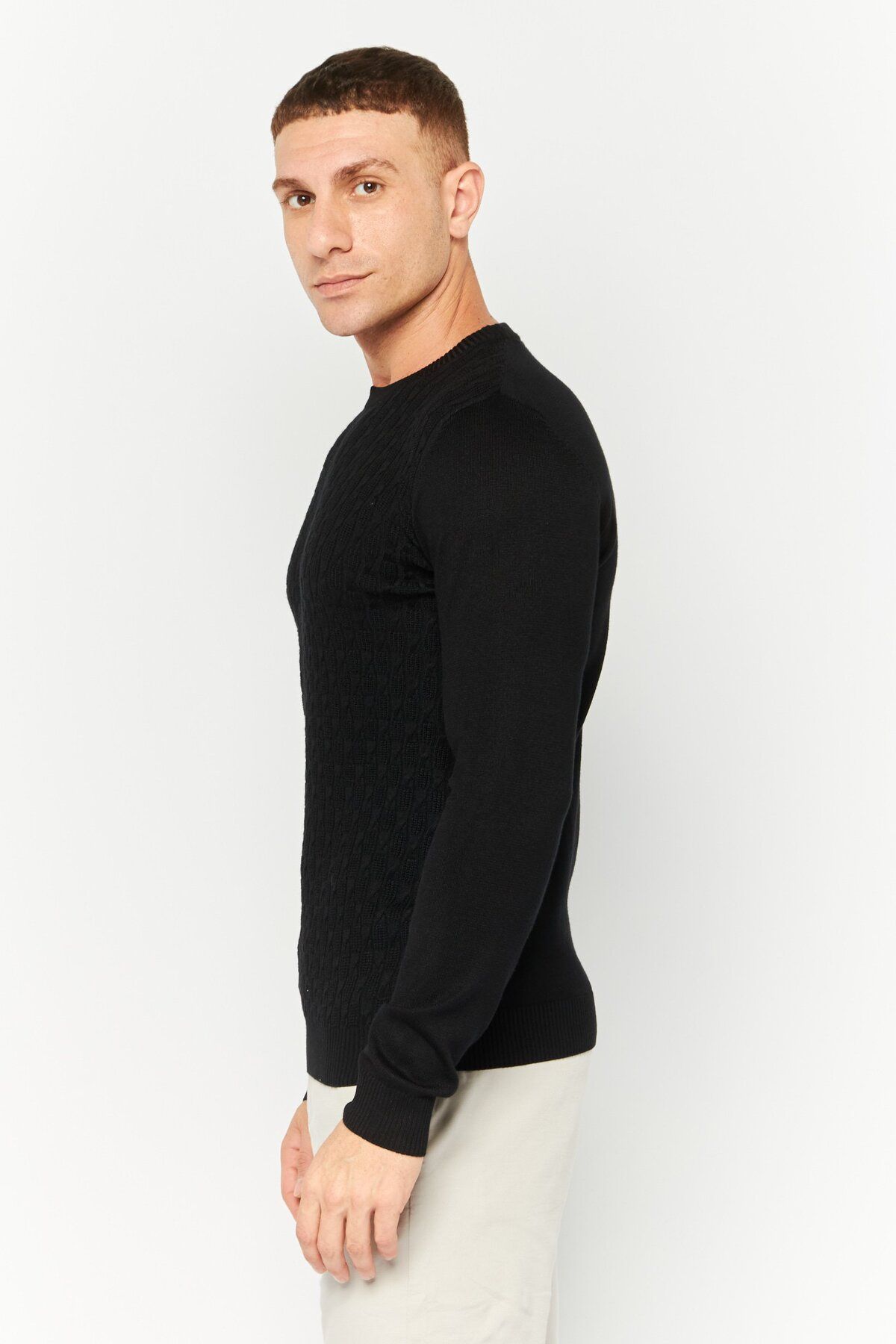 Sorbino-Men Crew Neck Long Sleeves Textured Sweater, Black 3