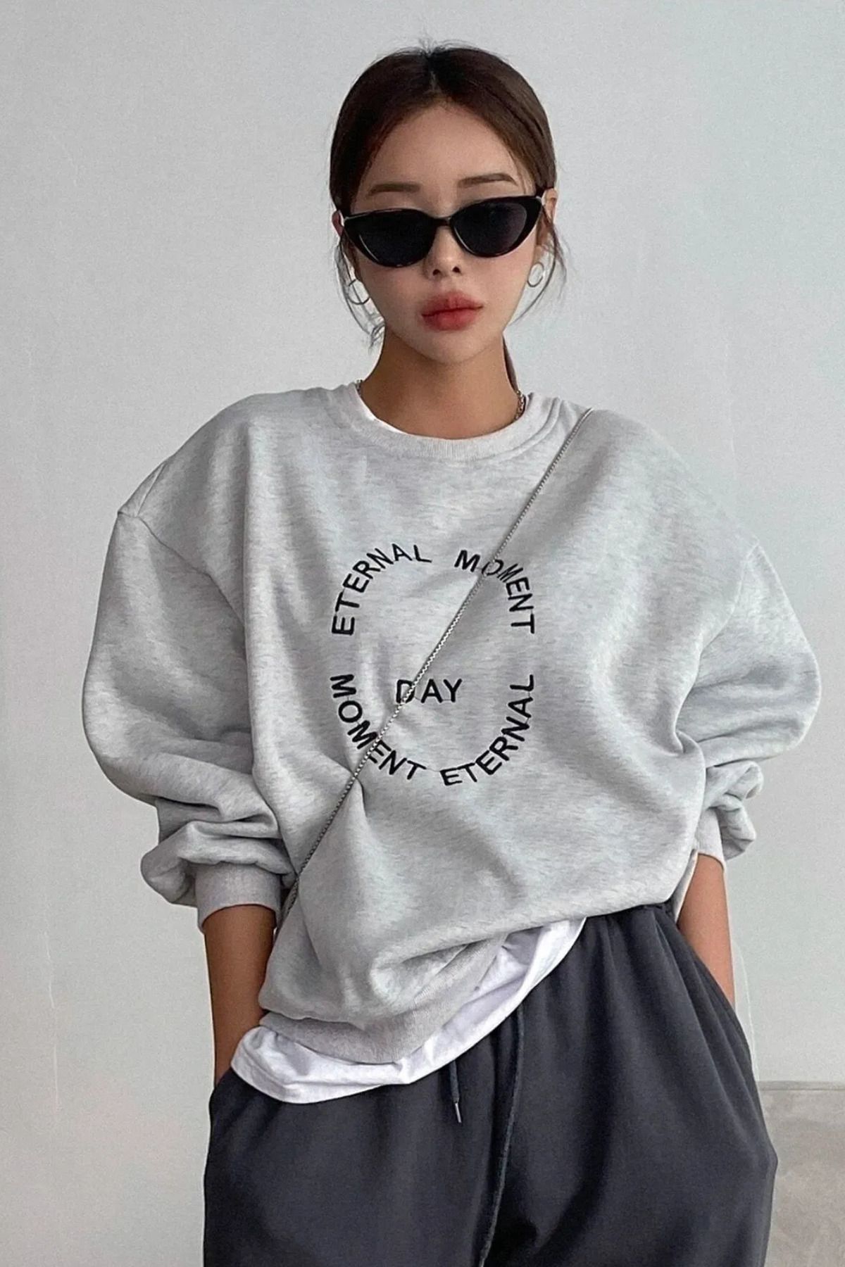 Wish BF UNISEX Gri Moment Day Baskılı Oversize Sweatshirt