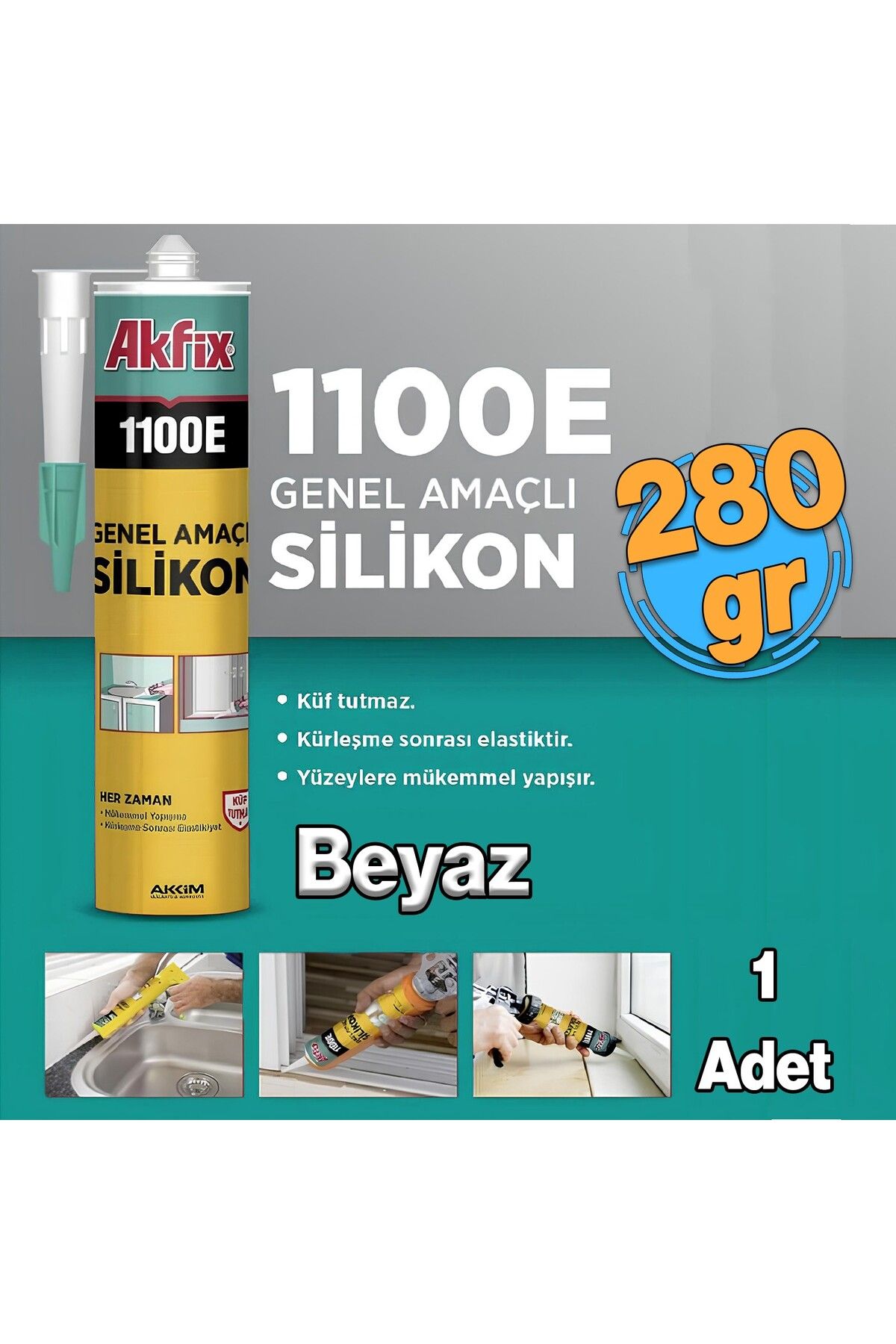 Akfix Beyaz Genel Amaçlı Silikon Yapıştırma Sızıntı Önleyici Dolgu Silikonu Akfix 1100E 280 gr 1 Adet