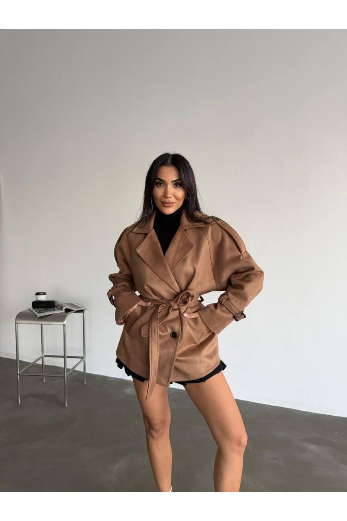 BUTİK ELAJ-Women's Brown Scuba Suede Belted Jacket 4
