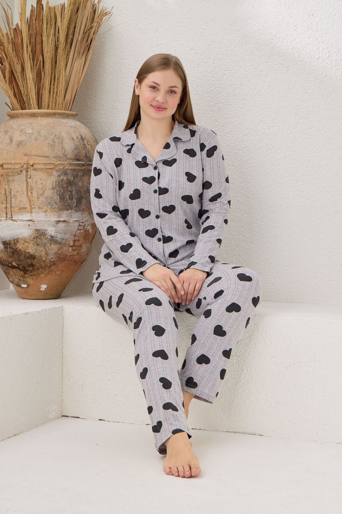 PİJAMOOD Kadın Battal Beden  Uzun Kollu Pamuklu Önden Düğmeli  Pijama Takımı