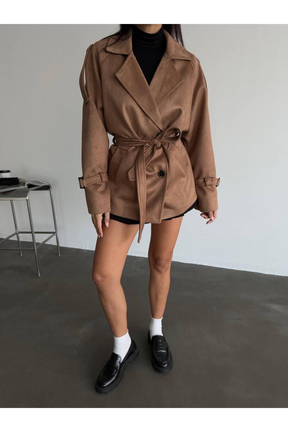 BUTİK ELAJ-Women's Brown Scuba Suede Belted Jacket 2