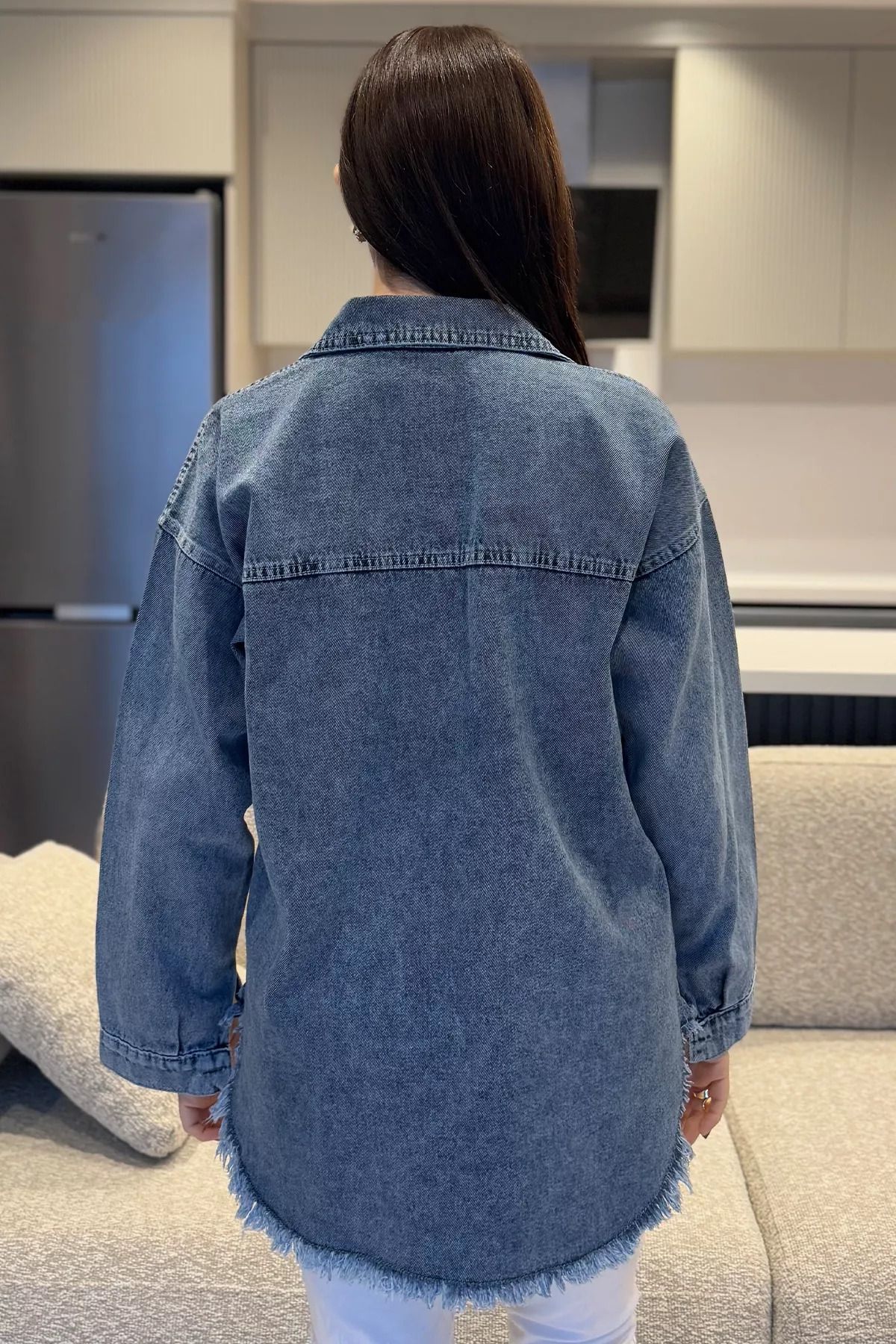 GÜLSELİ-Ice Blue Embroidered Tasseled Women's Denim Jacket 4