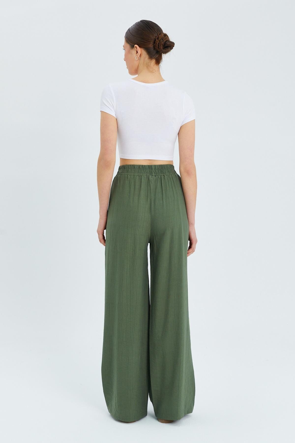 Mixray-Model 4315 - Pantaloni Palazzo kaki de damă, cu talie elastică 6