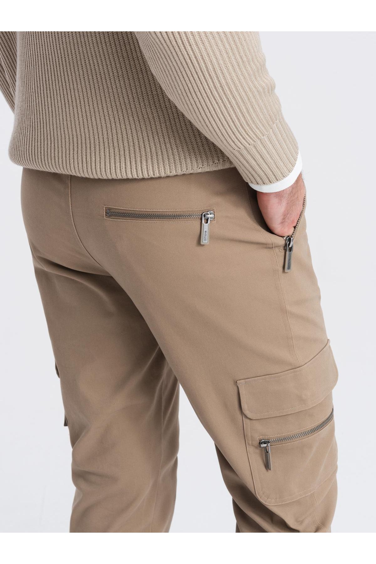 OMBRE-Pánské cargo kalhoty STRAIGHT LEG s kapsami na zip - khaki V3 OM-PACG-0204 XL 6