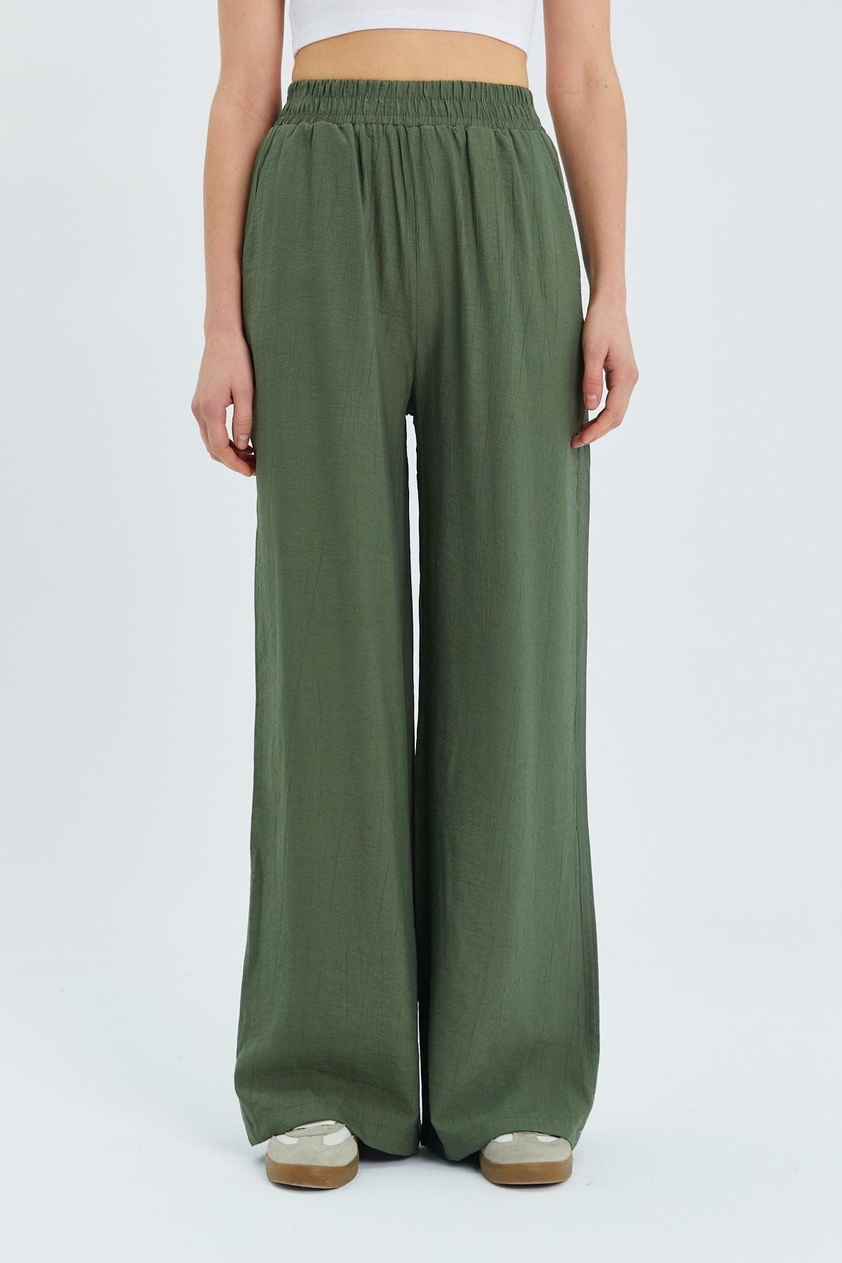 Mixray-Model 4315 - Pantaloni Palazzo kaki de damă, cu talie elastică 4