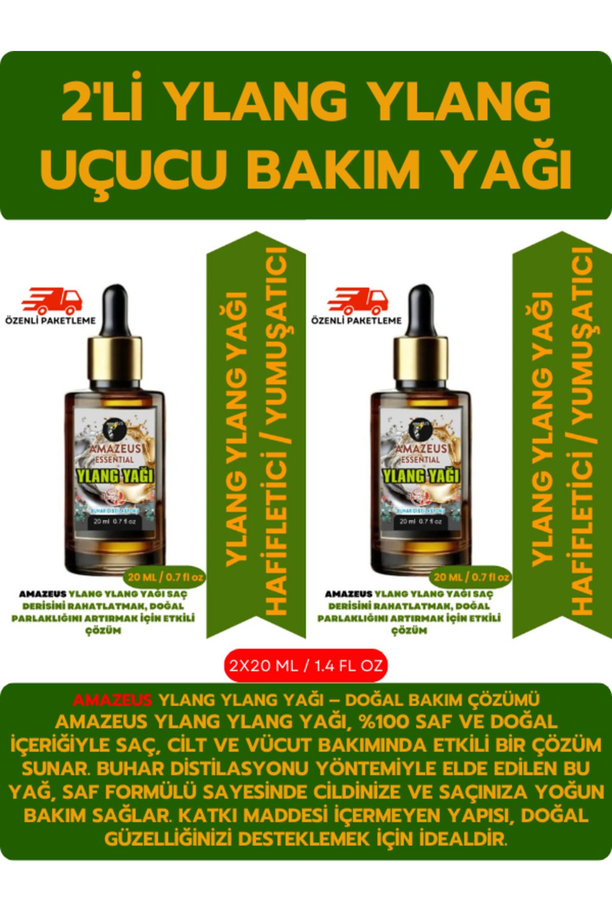 Amazeus YLANG YLANG UÇUCU YAĞI 2'Lİ (%100 SAF VE DOĞAL) BESLEYİCİ ETKİ 2X20 ML / 1.4 fl oz