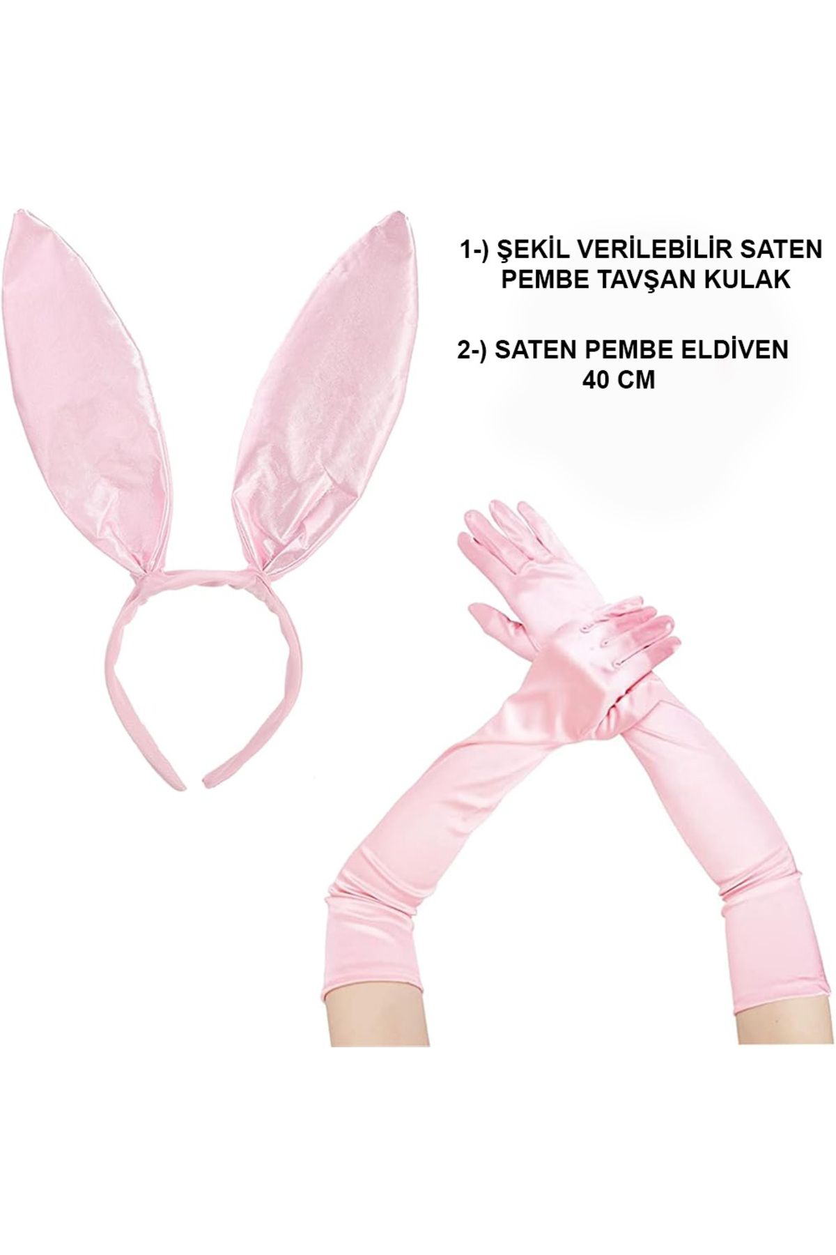 NessiWorld Saten Kaplama Soft Pembe Eldiven 40 cm ve Tavşan Kulak 2 li Set