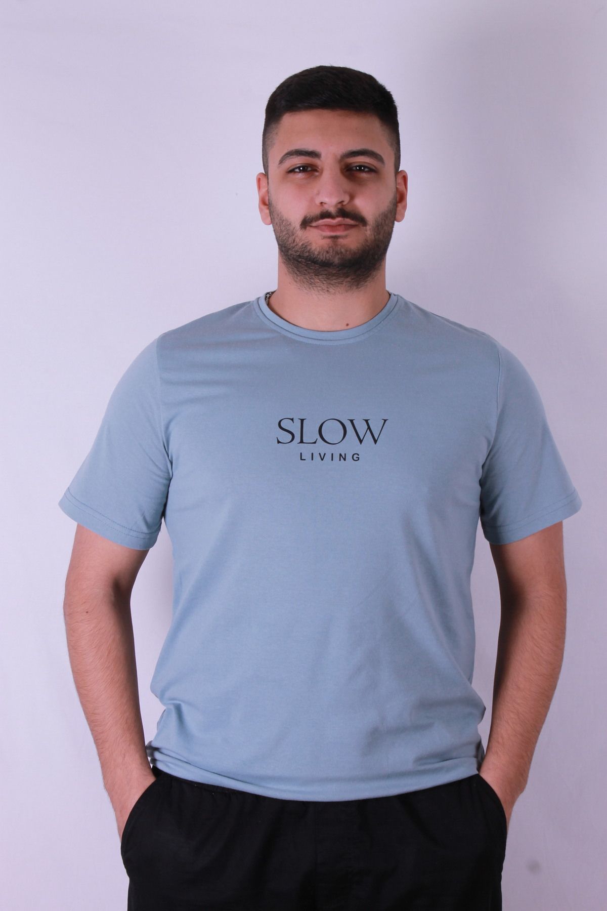 trender Slow Living Baskı Mavi Erkek T-Shirt