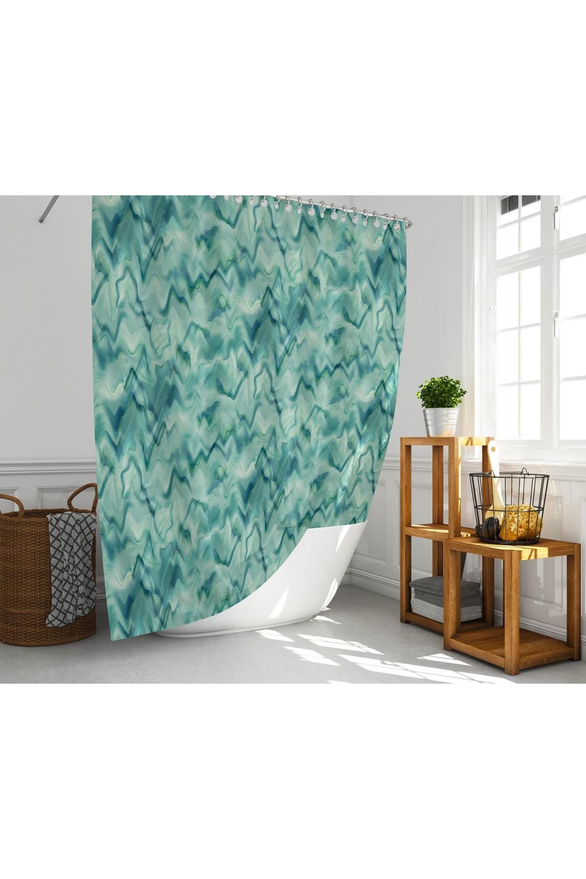 Zethome Banyo Perdesi 1x180x200 Tek Kanat Duş Perdesi Halka Hediyeli Duşakabin Perdesi Green Marble