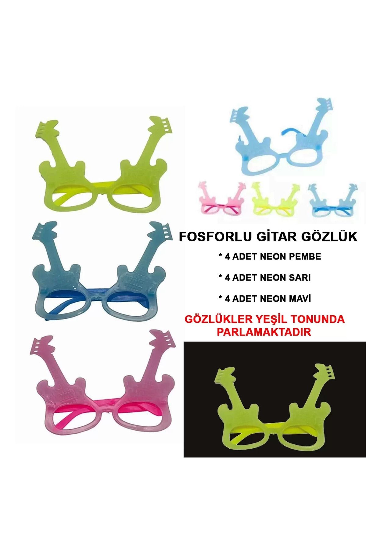 TREND Fosforlu Gitar Model Glow Parti Gözlüğü Karanlıkta Yanan Gözlükler 12 Adet