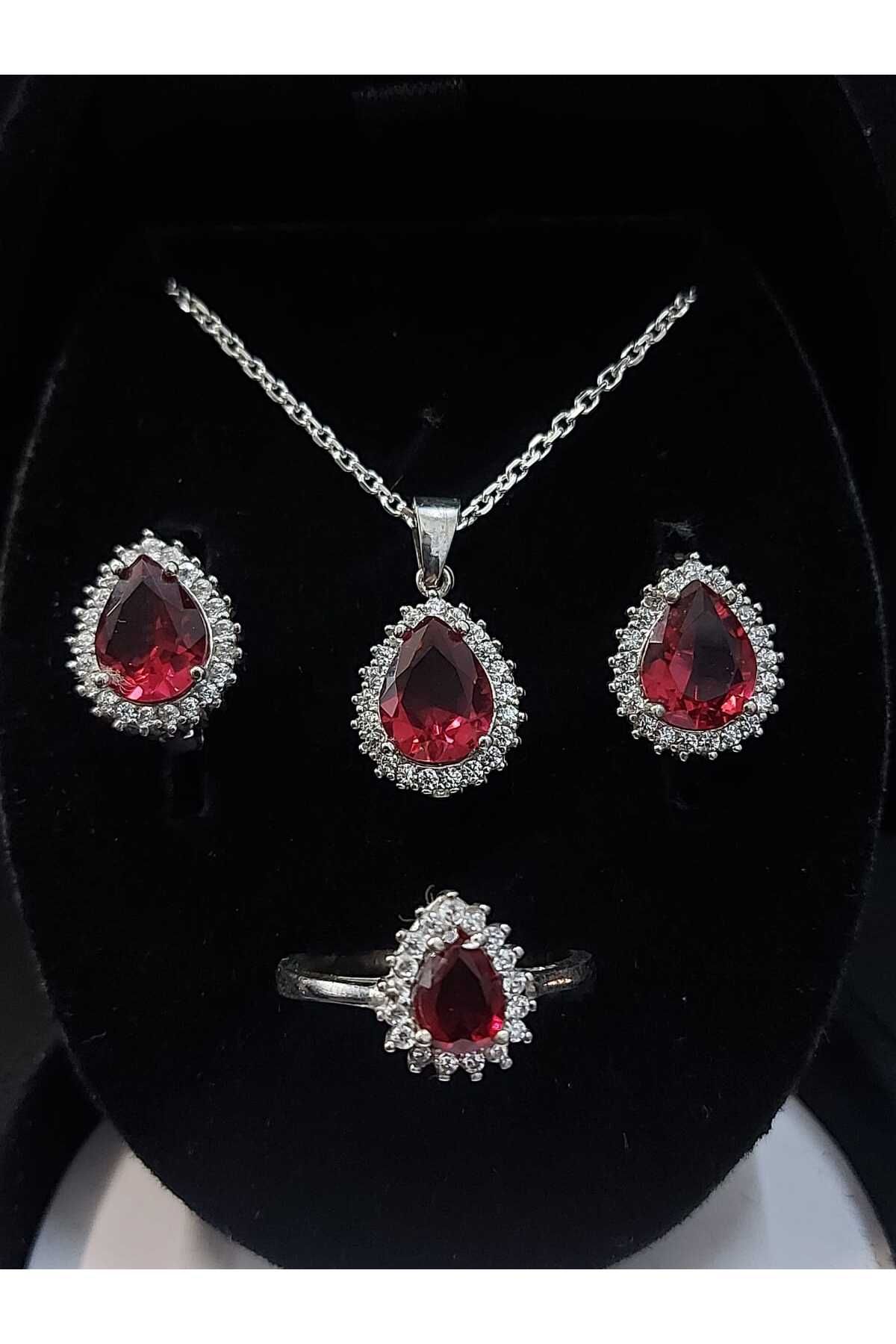 sarıyer silver Gümüş Set 925 Ayar Kırmızı Zirkon Taşlı kolye küpe yüzük