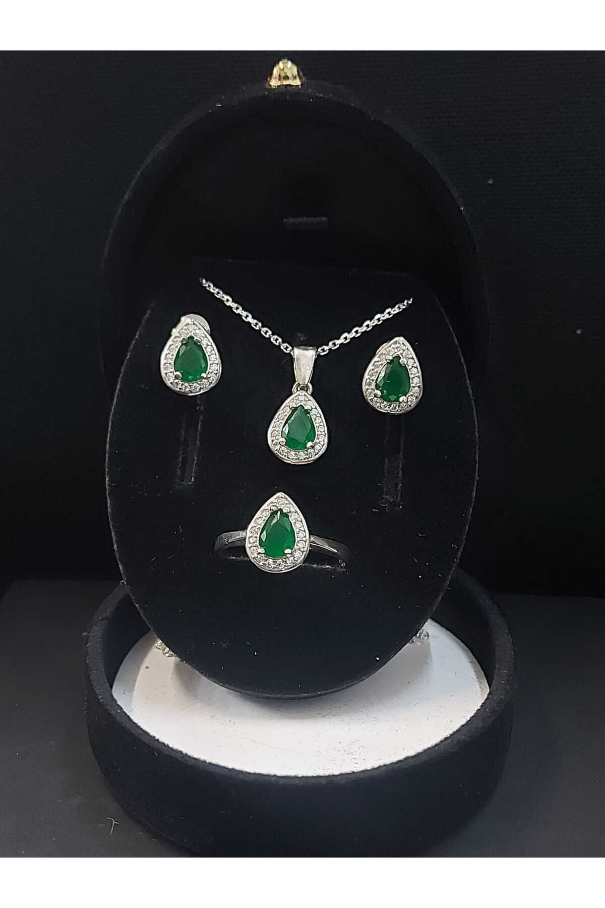 sarıyer silver Gümüş Set 925 Ayar Kök Zümrüt ve Zirkon Taşlı Kolye Yüzük Küpe