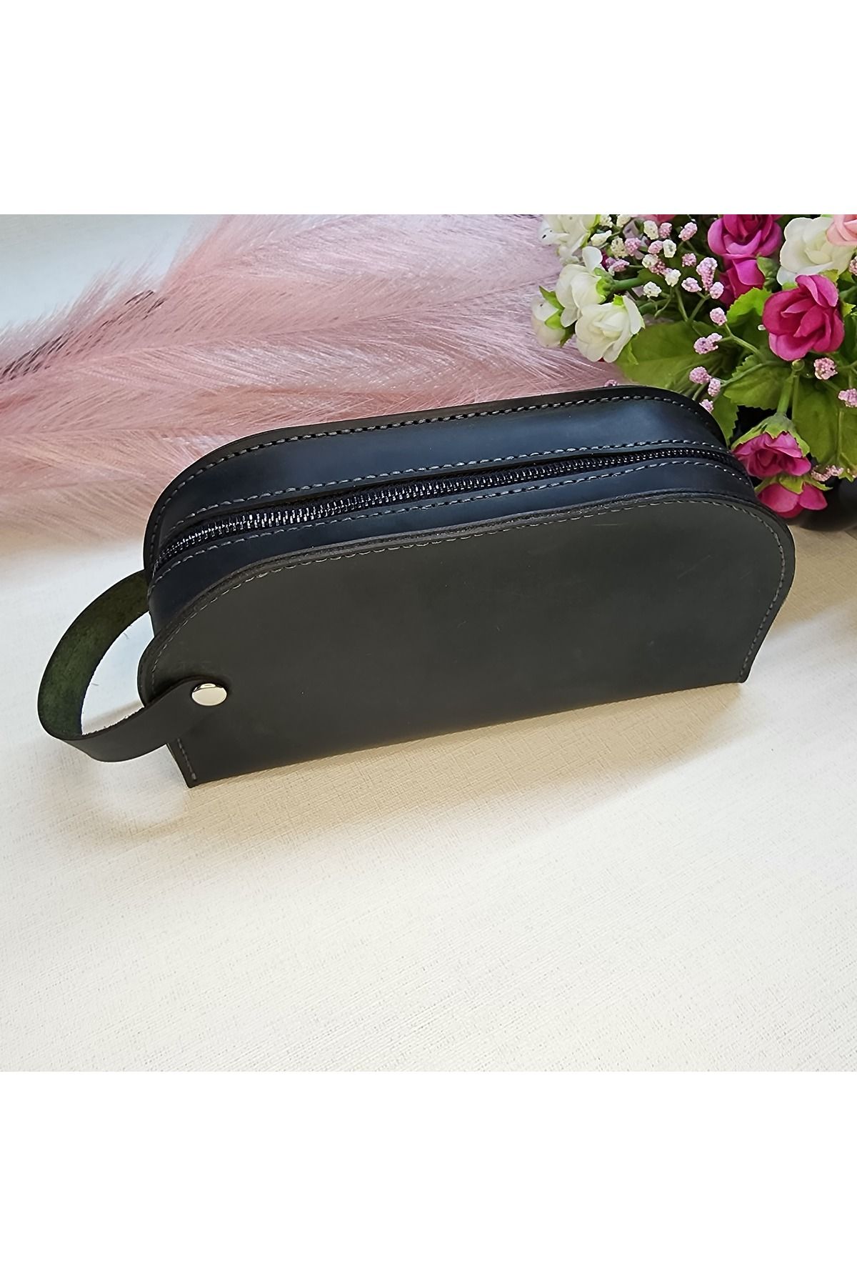 Lila Park Gerçek Deri El Çantası Dopp Kit, Fermuarlı Erkek El Çantası, Kadın El Çantası