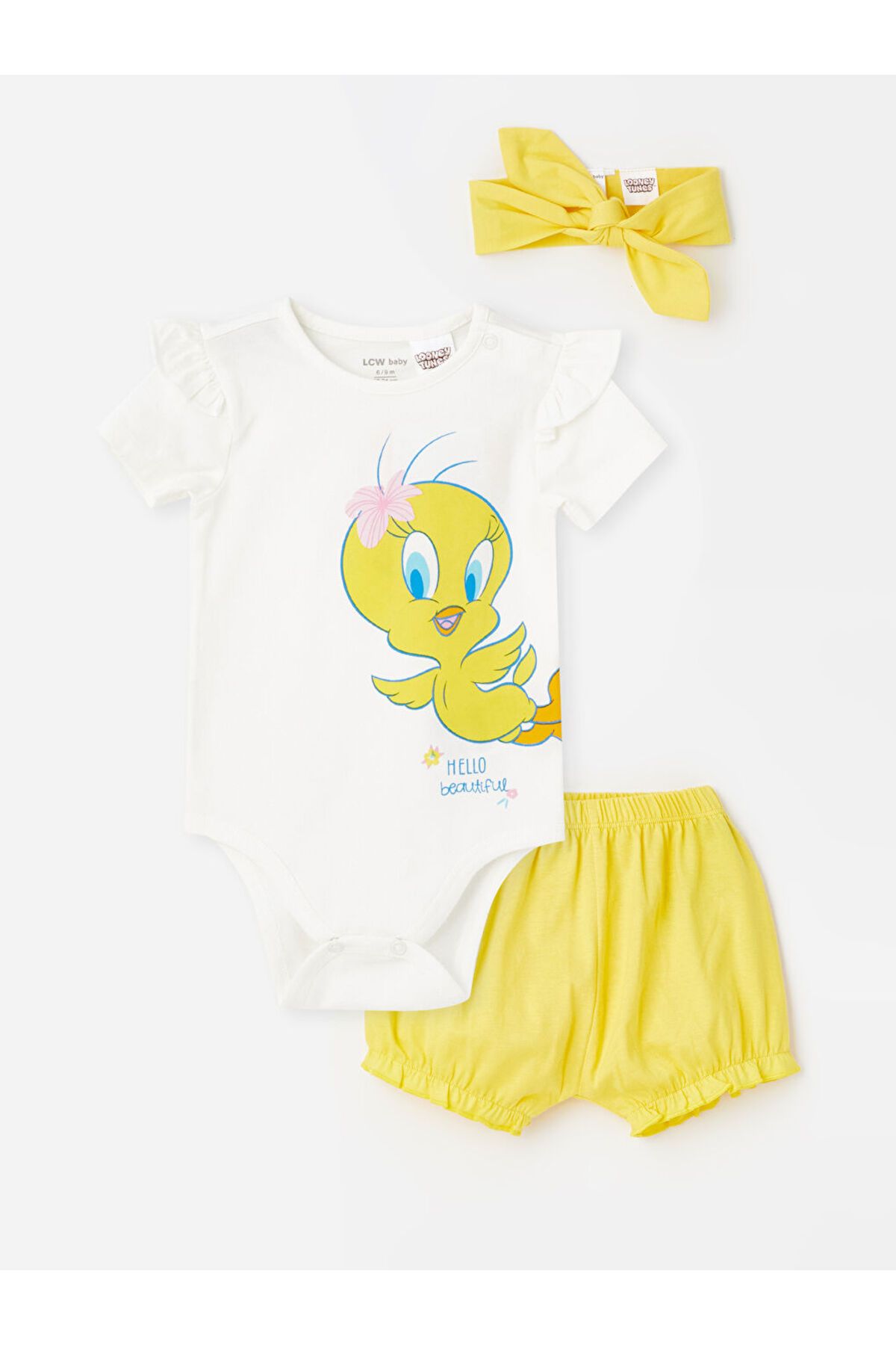 LC Waikiki LCW baby Ekru Bisiklet Yaka Tweety Baskılı Kız Bebek 3'lü Takım