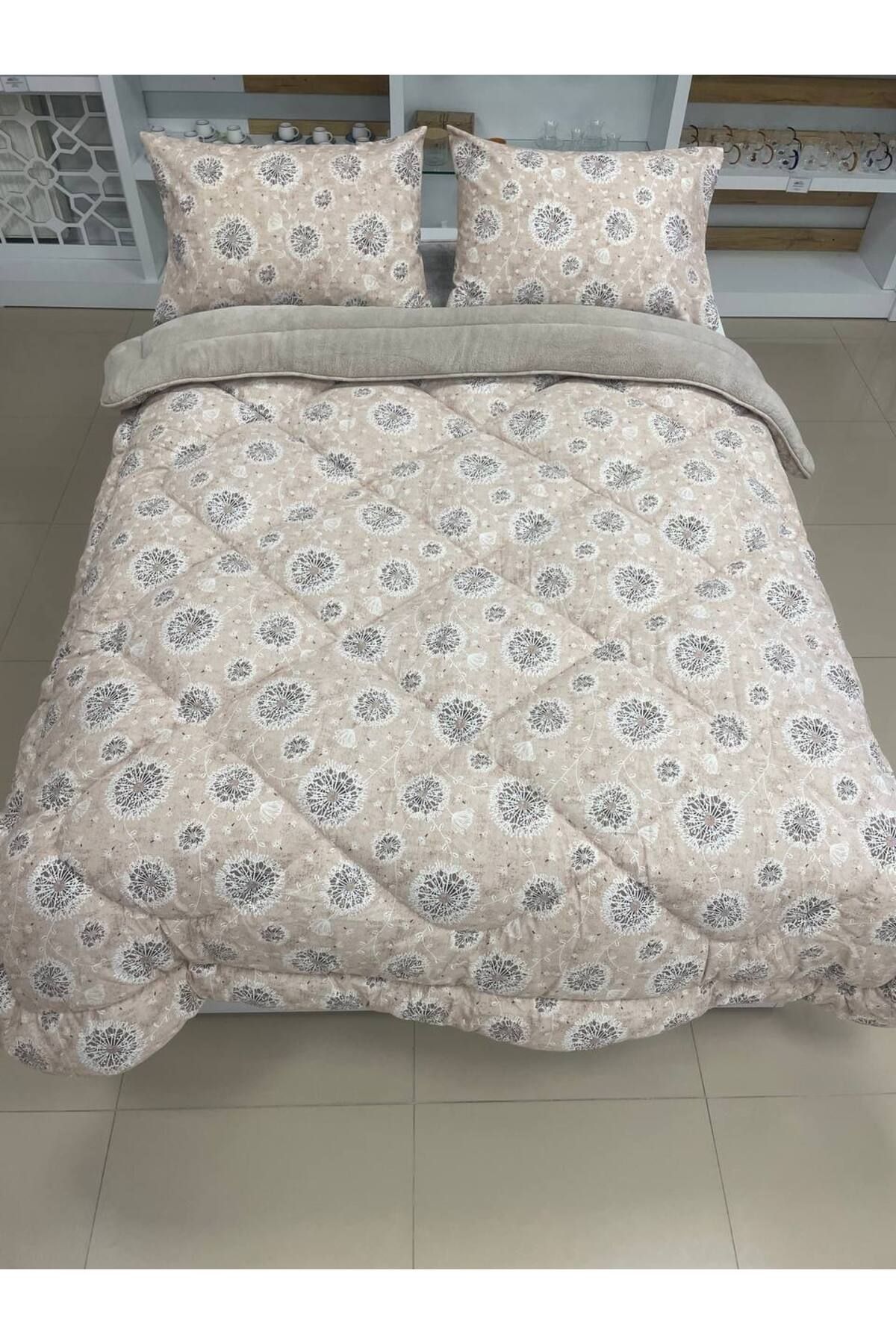 Sudem Home Collection Çift Kişilik Çift Taraflı Wellsoft Yorgan Polar Pufidik Yorgan Seti Dandelion Bej