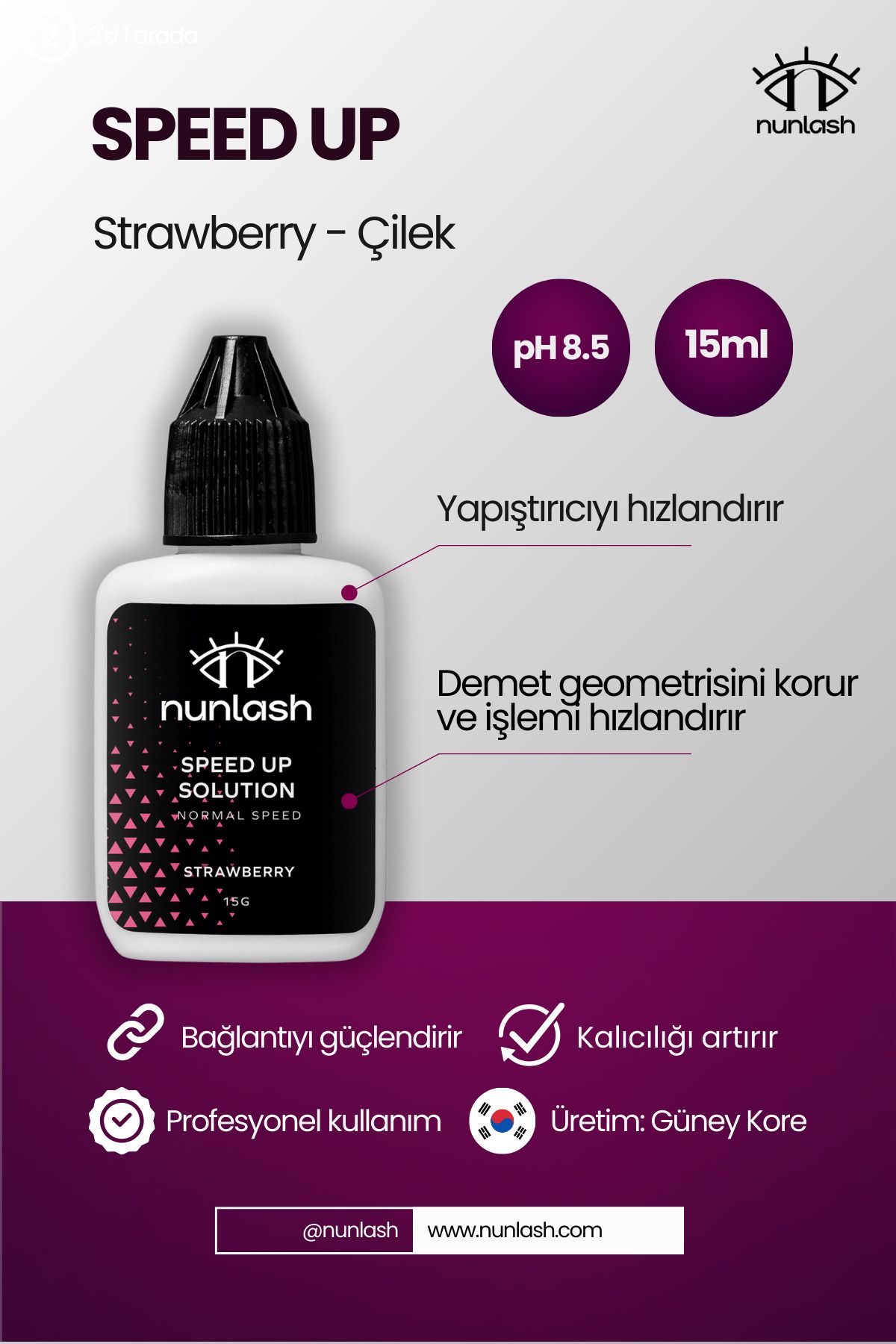 nunlash SPEED UP SRAWBERRY Yapıştırcı Hızlandırıcı ve Güçlendirici solüsyonu Çilek 15ml