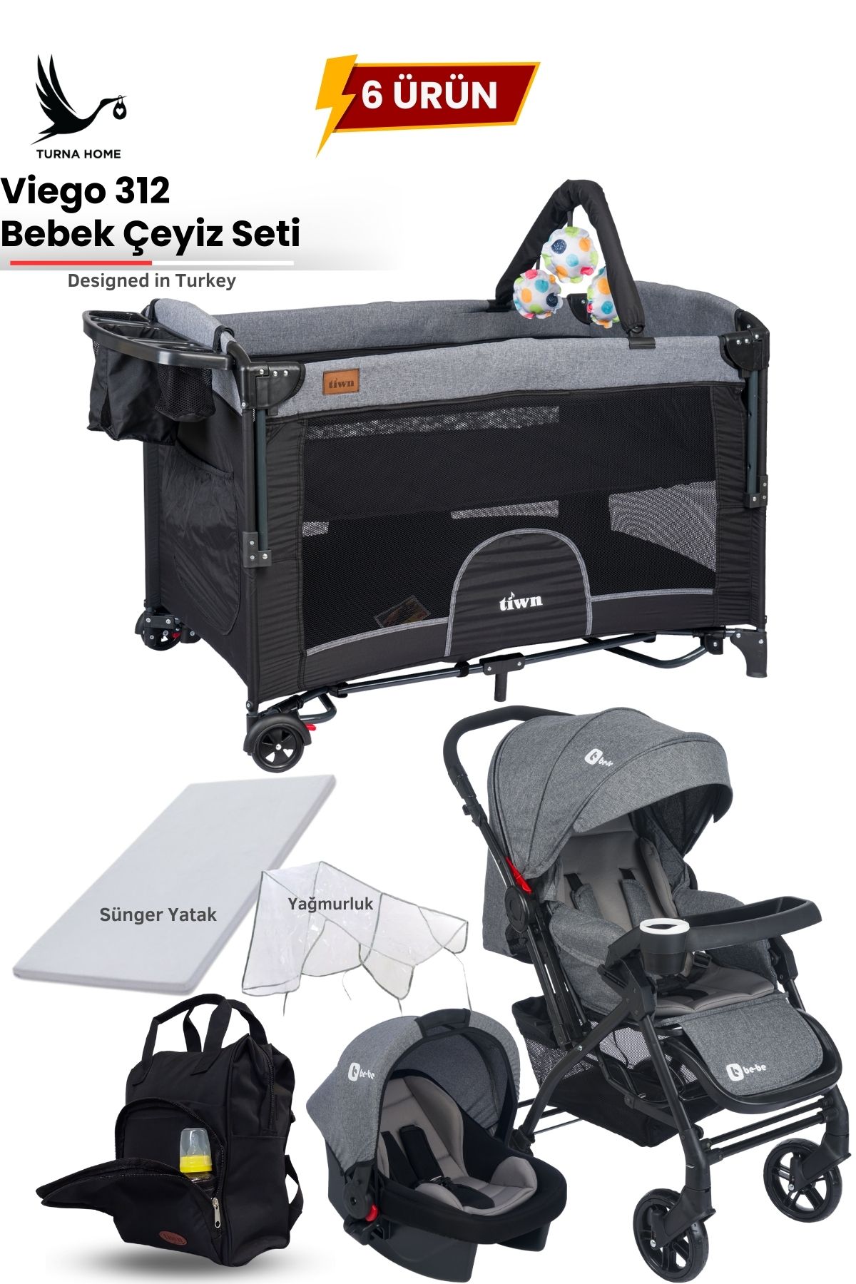 Be-Be Viego 6 Parça Bebek Çeyiz Seti (Bebek arabası,park beşik,puset,çanta,yatak,yağmurluk)