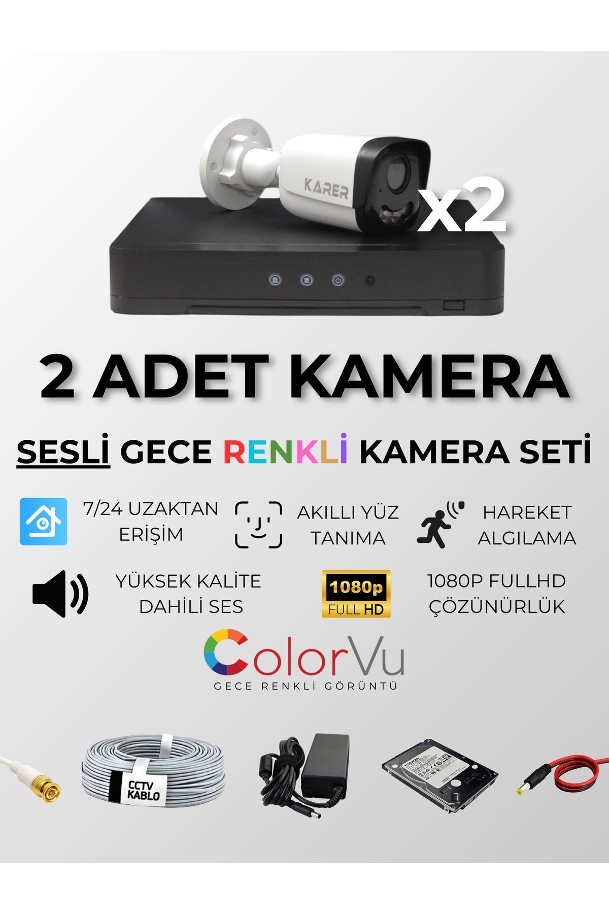 KARER 2'Lİ HER ŞEY DAHİL SESLİ TAK ÇALIŞTIR HAZIR SET - DAHİLİ SESLİ, 5MP LENSLİ, GECE RENKLİ GÖRÜŞ,