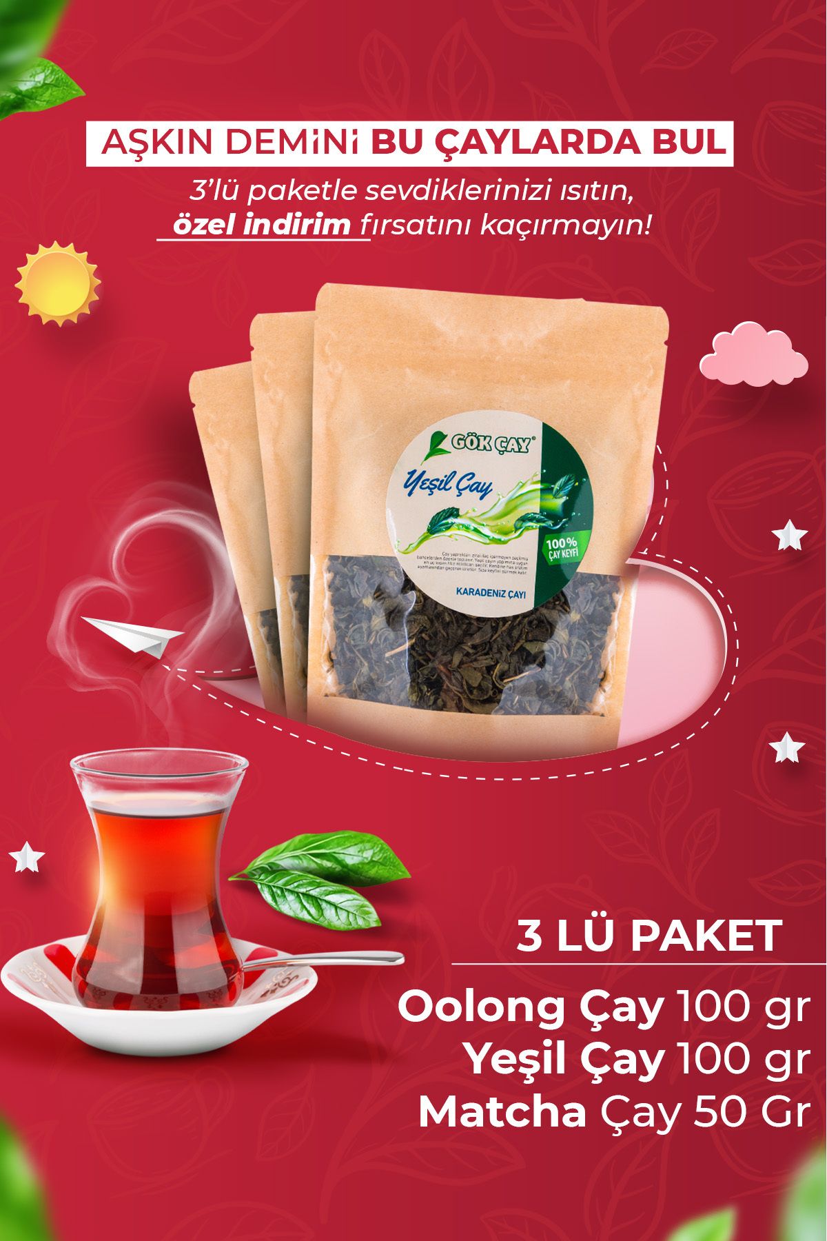 Gök Çay Aşkın Demini Bu Çaylarda Bulun / Yeşil Çay 100 gr, Oolong Çay 100 gr, Matcha Çay 50 Gr