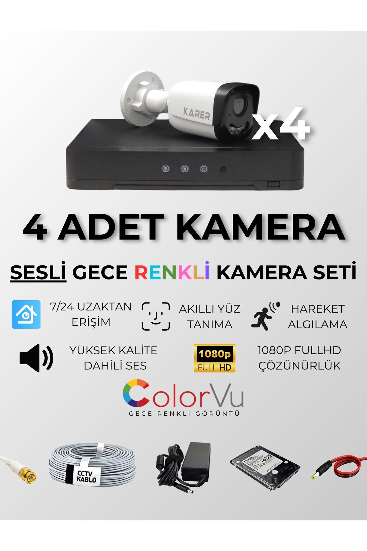 KARER 4'LÜ HER ŞEY DAHİL SESLİ TAK ÇALIŞTIR HAZIR SET - DAHİLİ SESLİ, 5MP LENSLİ, GECE RENKLİ GÖRÜŞ,