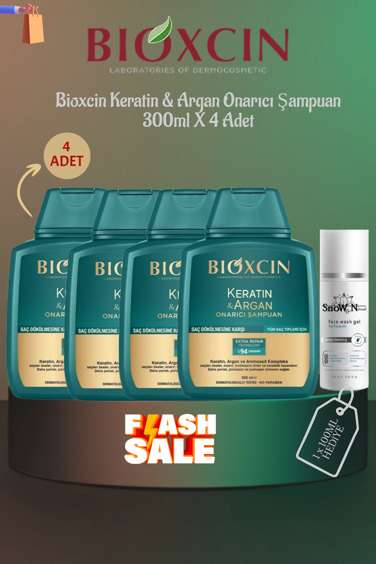 Bioxcin Keratin Argan İçeren Tüm Saç Tipleri İçin Onarıcı Şampuan 300ml x 4 Adet + 1 Adet 100ml Jel Hediye