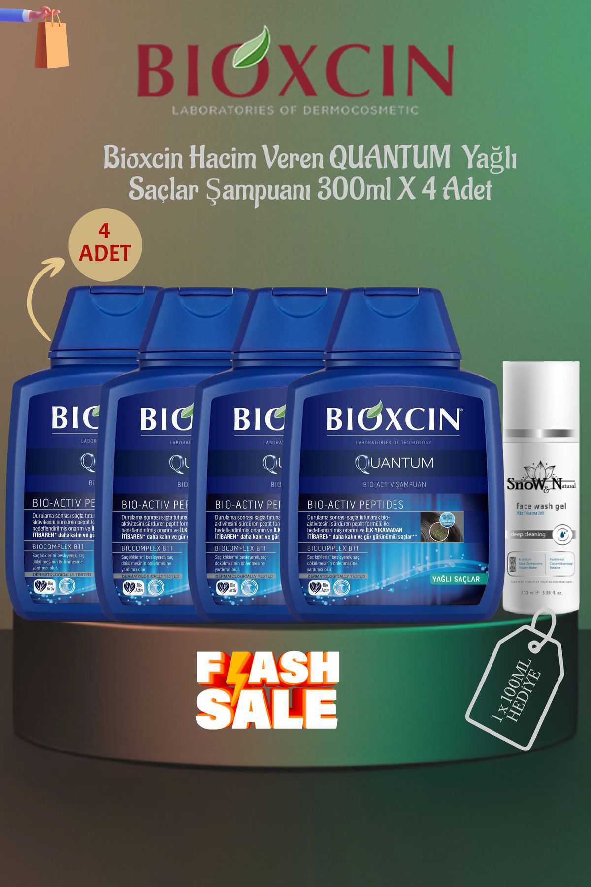 Bioxcin Kuantum Yağlı Saçlar İçin Hacim / Dolgunluk Veren Şampuan 300ml x 4 Adet + 1 Adet 100ml Jel Hediye