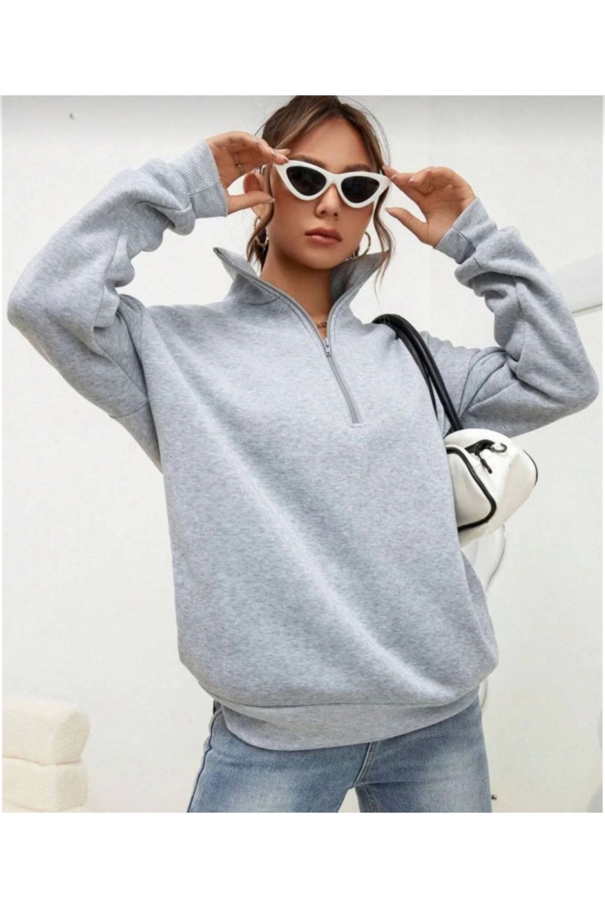 VELİZADE Polo Yaka Rahat Kesim Fermuarlı Model Kışlık İçi Yünlü Şardonlu Oversize Sweatshirt Kadın Kazak