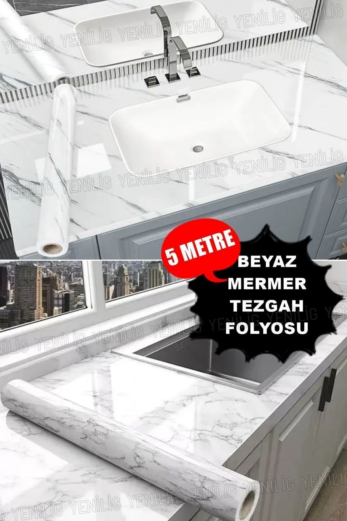 Yenilig 5 Metre Beyaz Mermer Folyo Desenli Beyaz Mermer Folyo Tezgah Duvar Buzdolabı Kaplama Folyosu