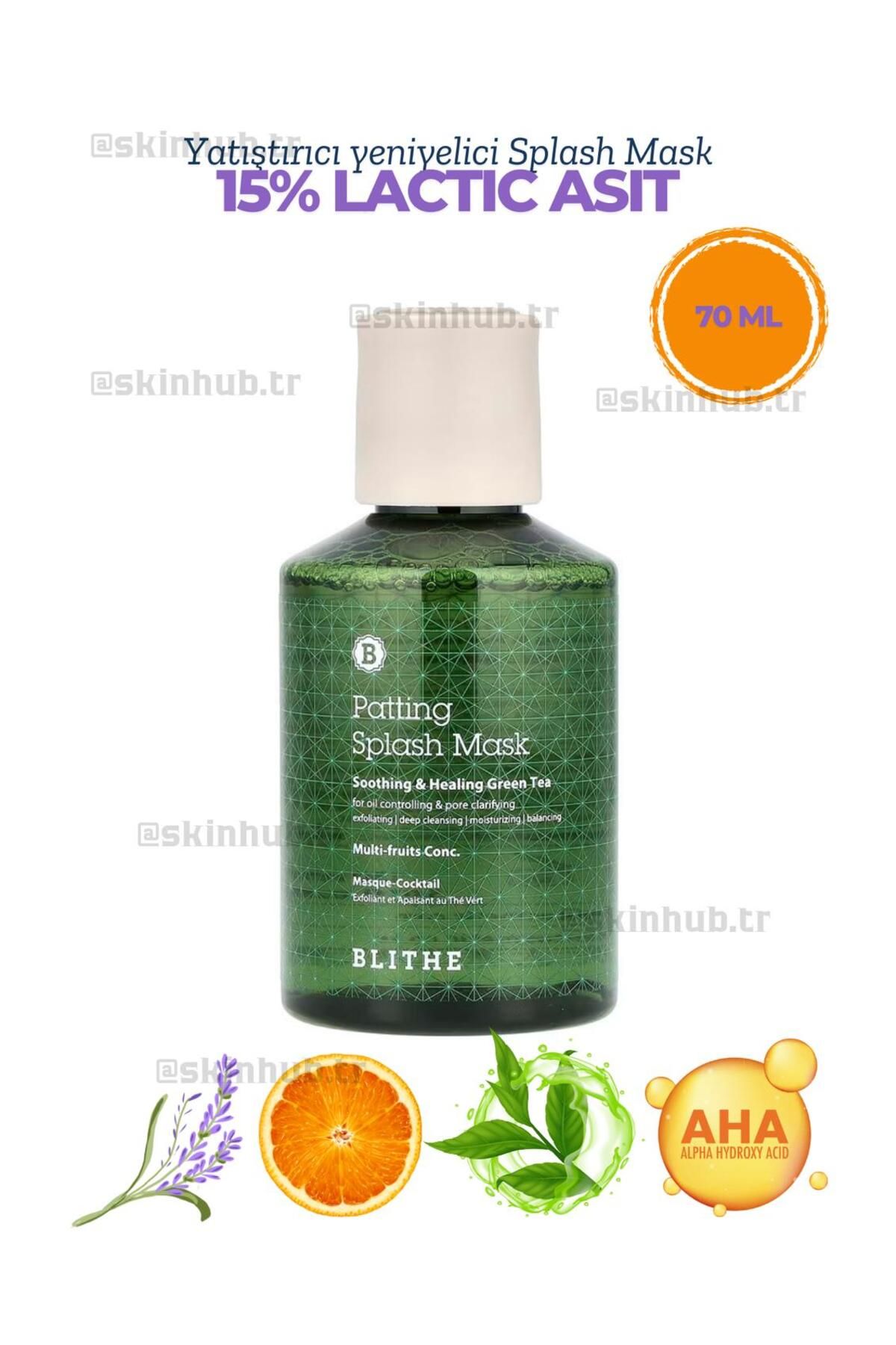 BLITHE 15% Lactic asit ve yeşil çay içeren BLITHE Patting Splash Mask Soothing & Healing Green Tea 70 ml