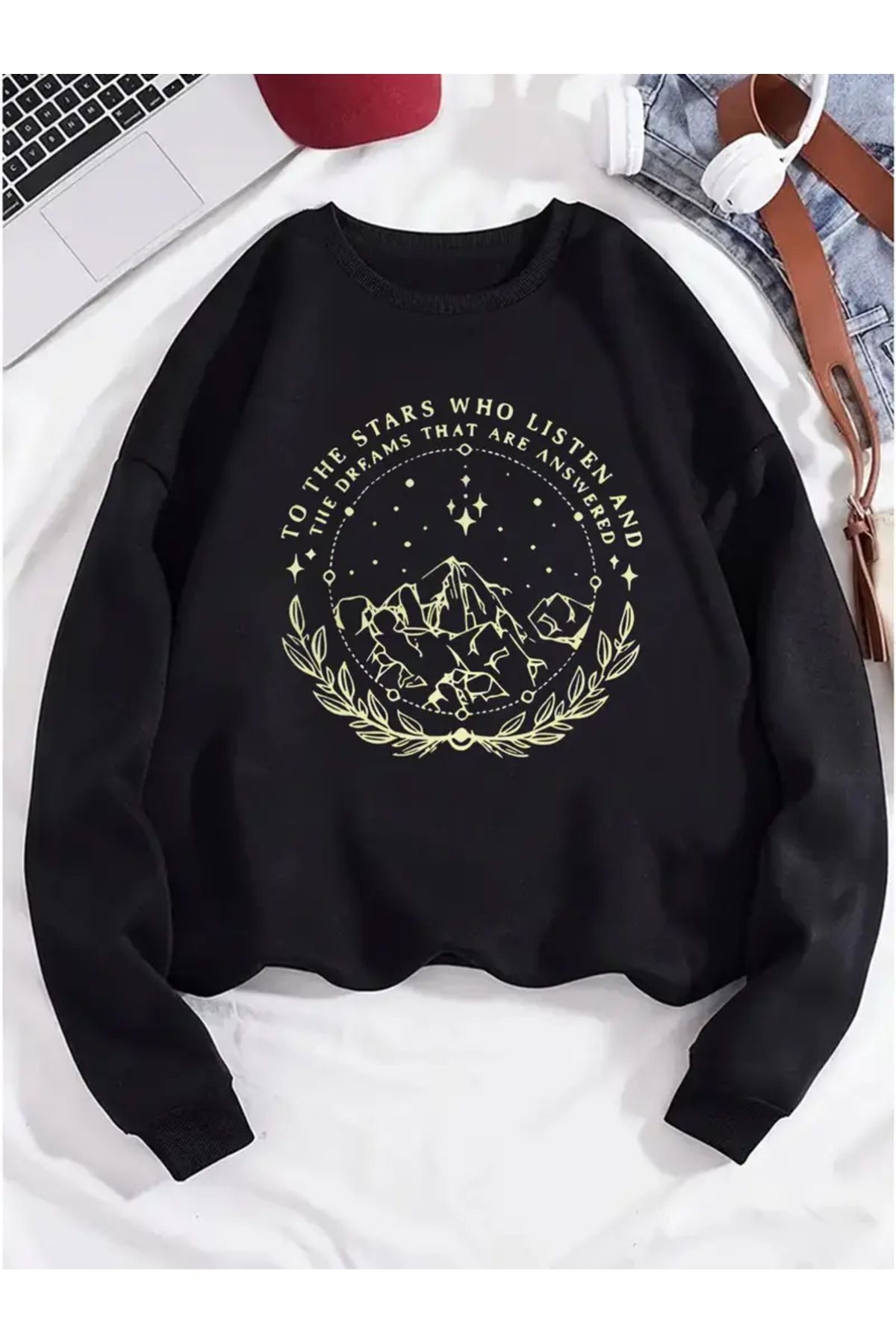 Nebulaa Tekstil NEBULAA  Manzara Desenli Kadın Kapüşonlu Sweatshirt -