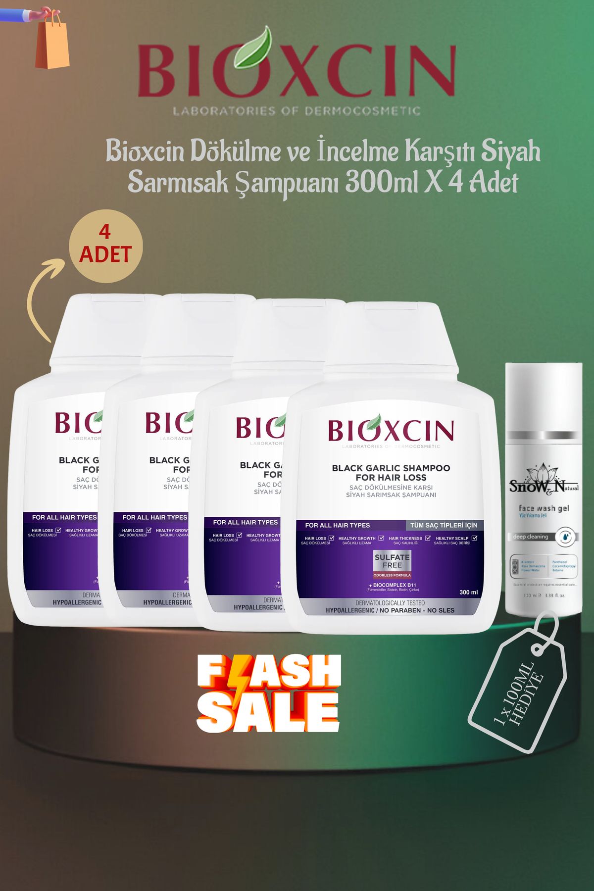 Bioxcin Dökülme ve İncelme Karşıtı Siyah Sarımsak Şampuanı 300ml x 4 Adet + 1 Adet 100ml Jel Hediye