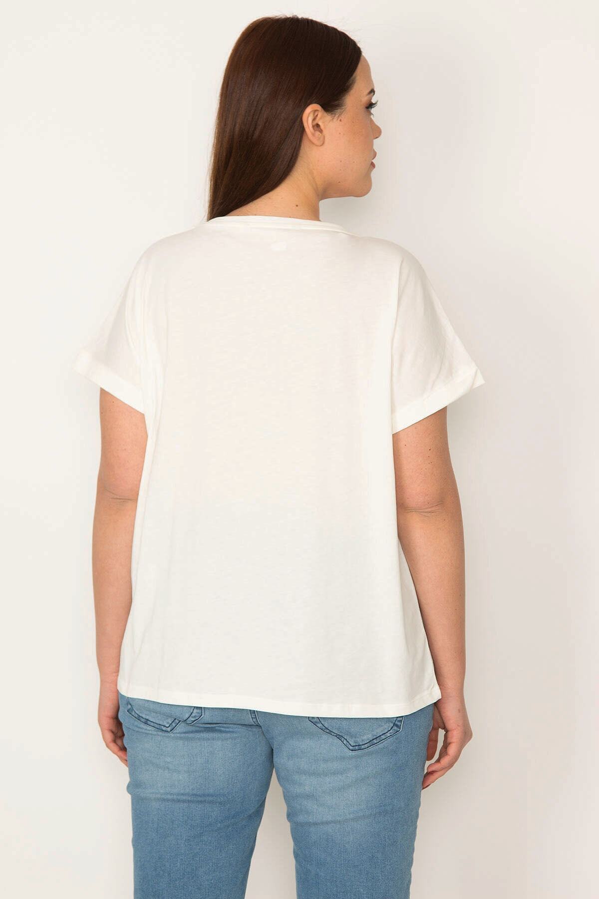 Şans-Women's Plus Size White Cotton Fabric Blouse with Glitter and Print Detail 65n32227 5