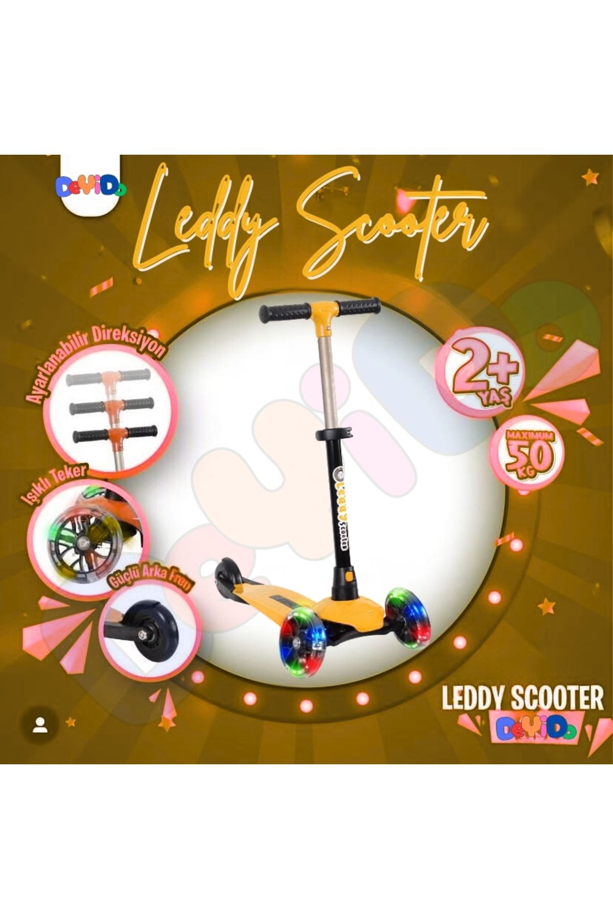 DeYiDo 3 Tekerlekli Led Işıklı Scooter Frenli Yükseklik Ayarlı Eğlenceli Lüks Çocuk Scooter Kaykay