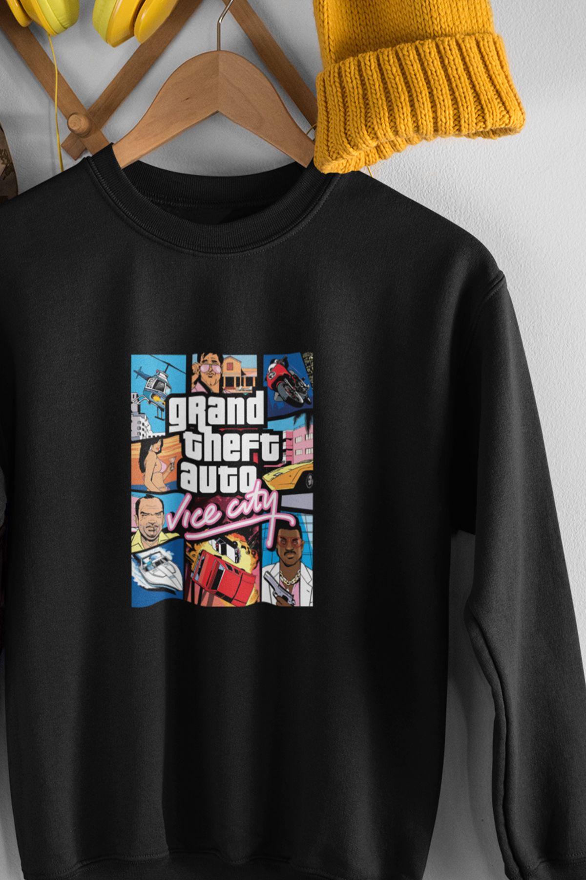 qoeuyl boutique Gta Vice City Baskılı Hediyelik Unisex %100 Pamuklu Bisiklet Yaka Sweatshirt