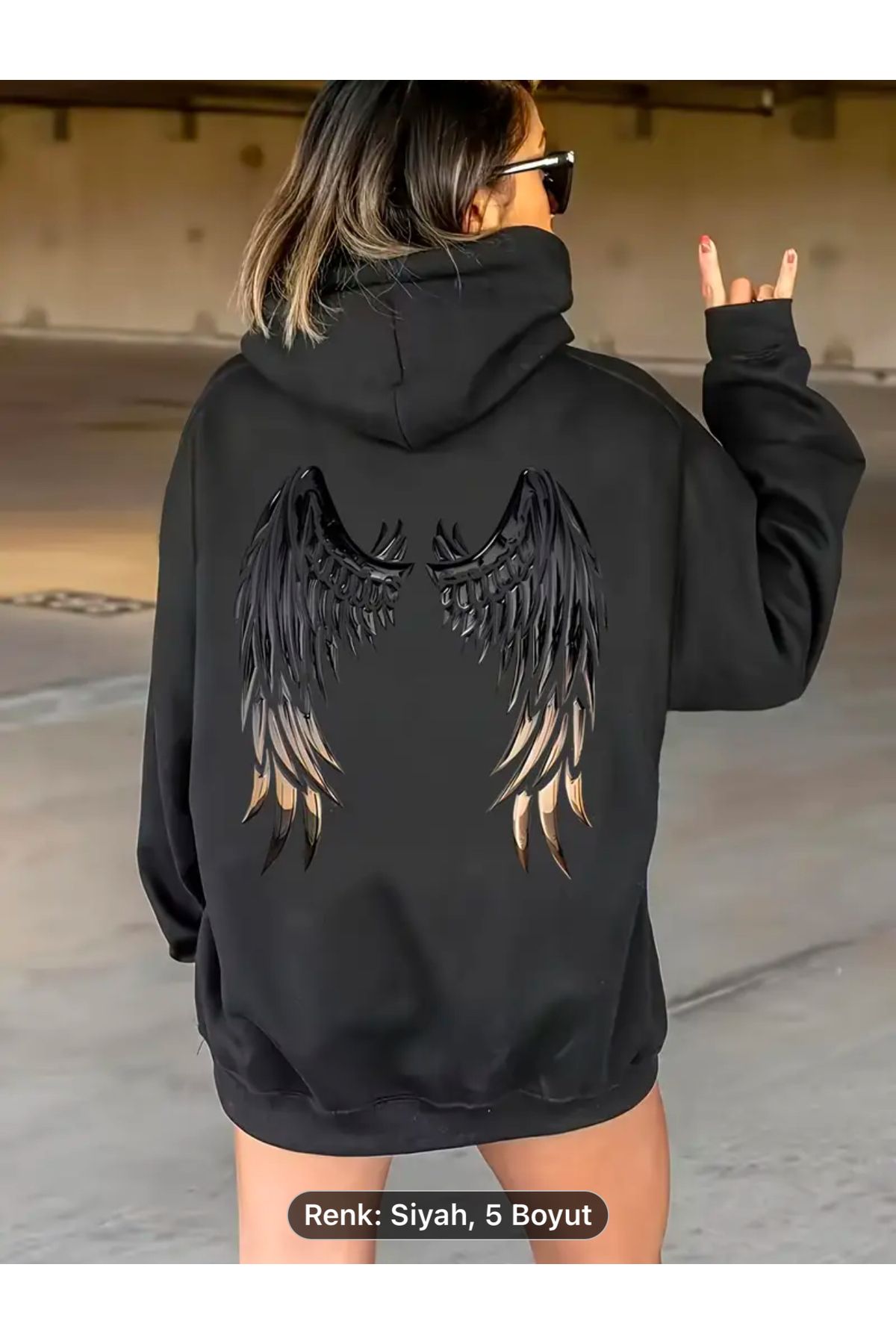 NEW TRENDY COLLECTİON melek kanat sırt baskılı kanguru siyah kapüşonlu sweatshirt