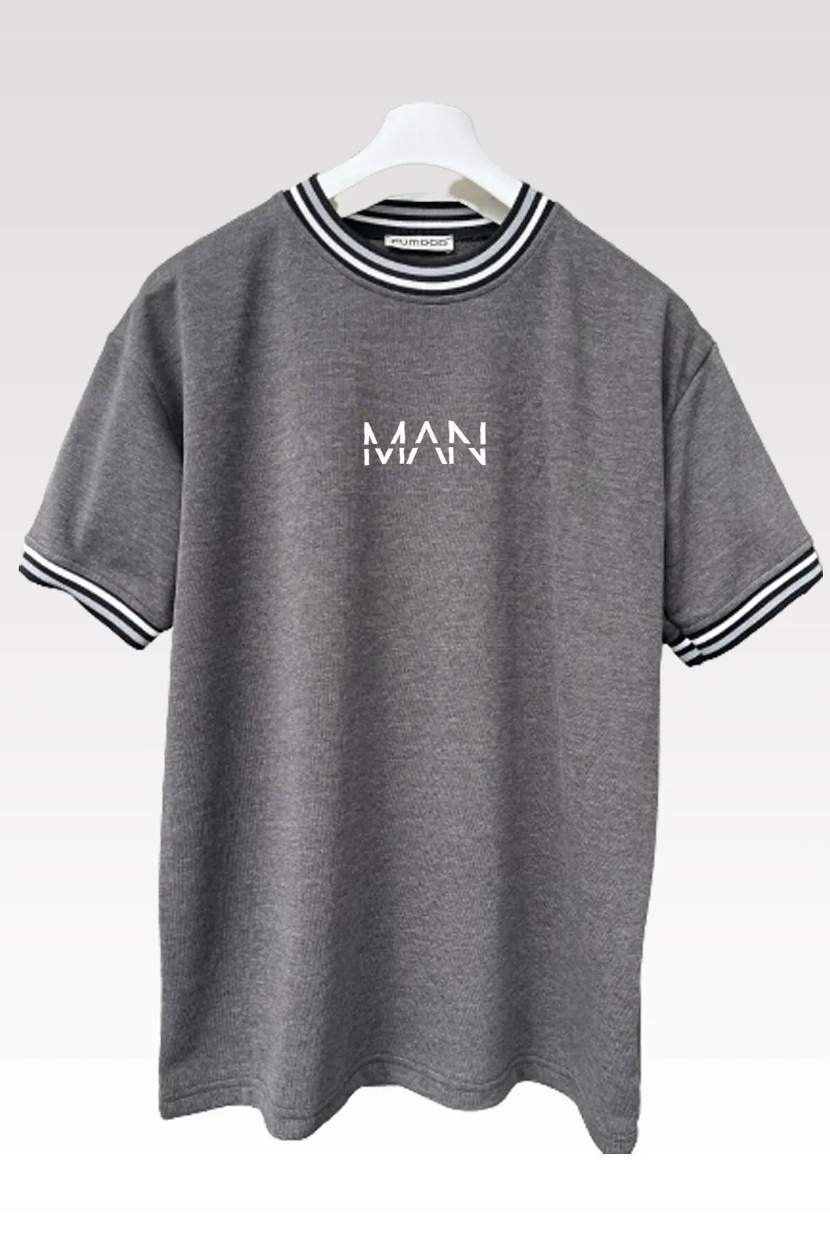 TEXTURA Unisex Yeni Sezon Oversize Kalıp Man Dijital Yazı Gri Man Yaka Detaylı Yazlık T-shirt