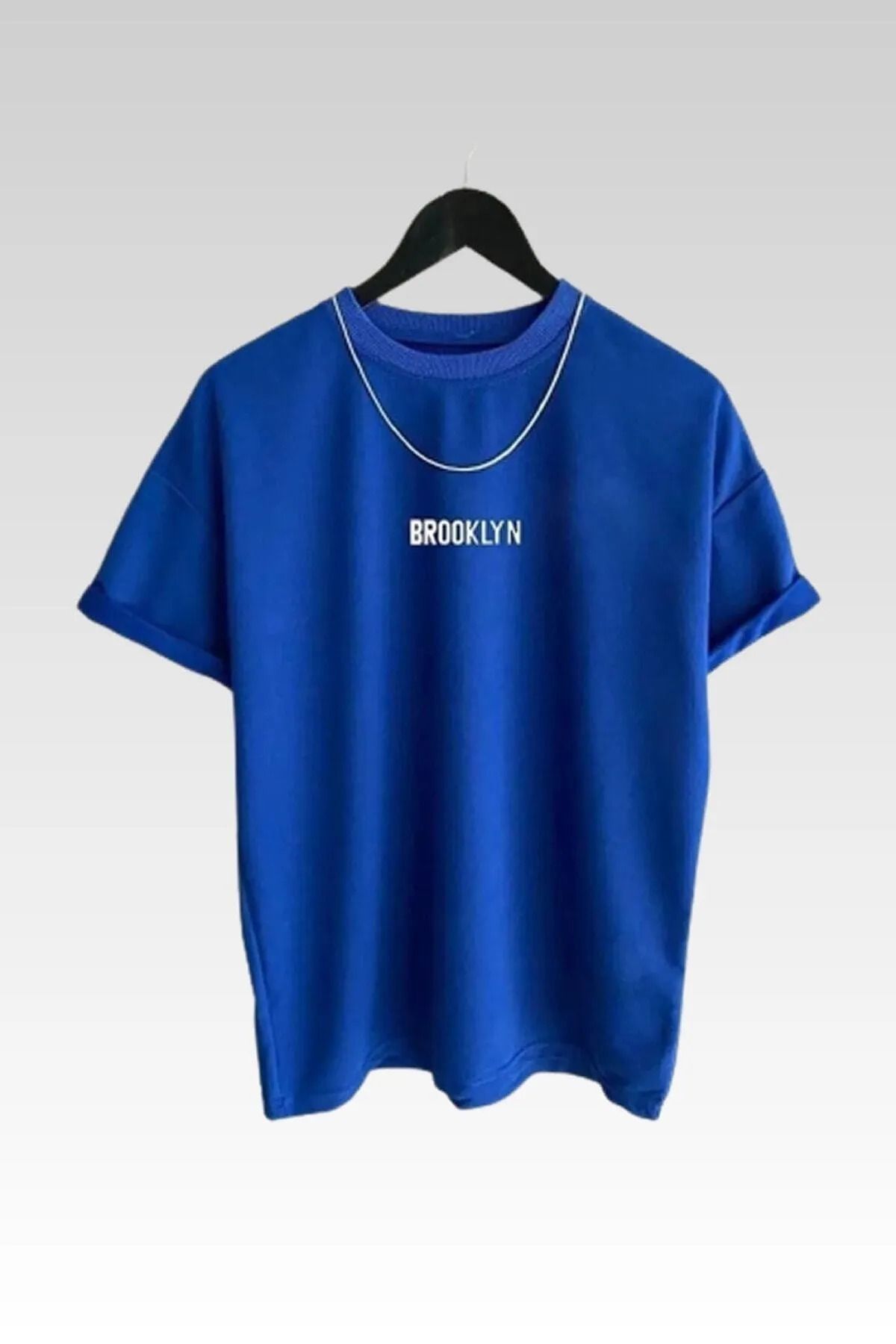 TEXTURA Yeni Sezon Unisex Brooklyn Baskılı Mavi Bisiklet Yaka Pamuklu T-shirt