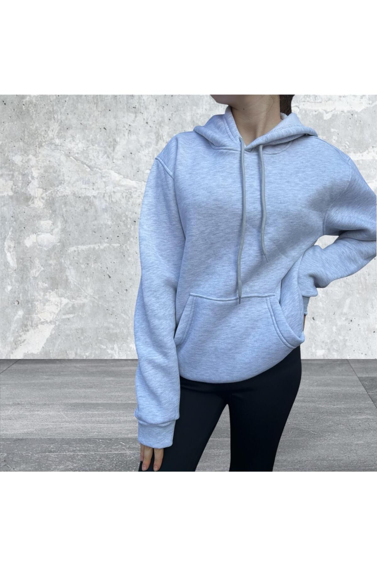 Butik Kapüşonlu gri kanguru cepli 3iplik şardonlu kalın yumuşacık Unisex Sweatshirt Hoodie