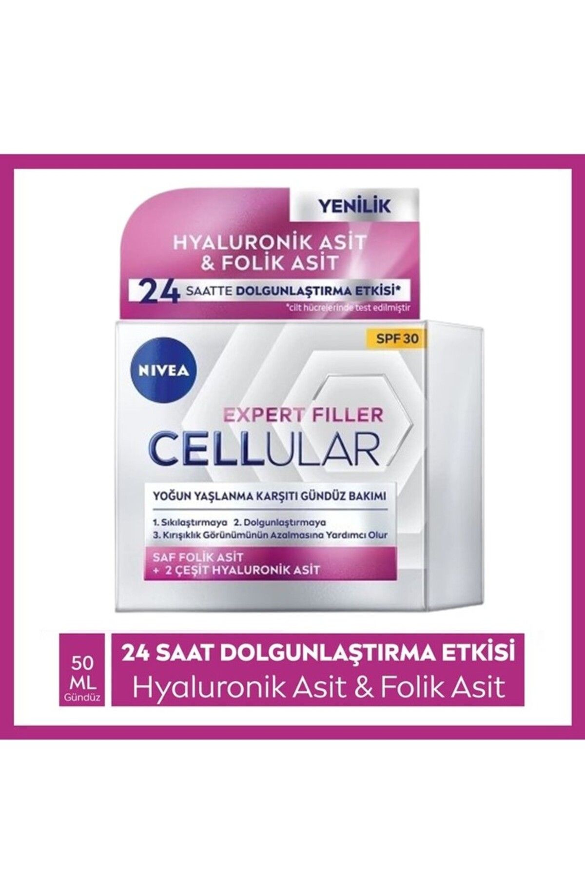 NIVEA Cellular Filler Saf Hyaluronik Asit, Folik Asit, Spf 30 Gündüz Kremi 50 ml