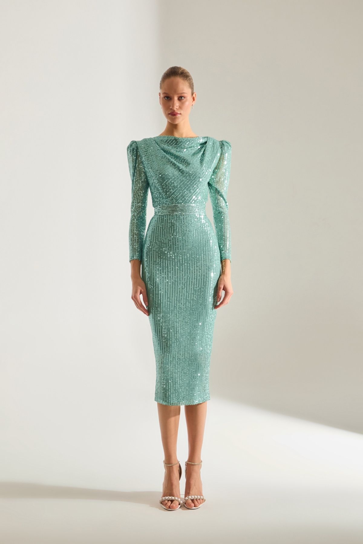 BETTY & SAM-Degaje Neckline Pencil Skirt Water Green Lurex Sequin Engagement Dress 1