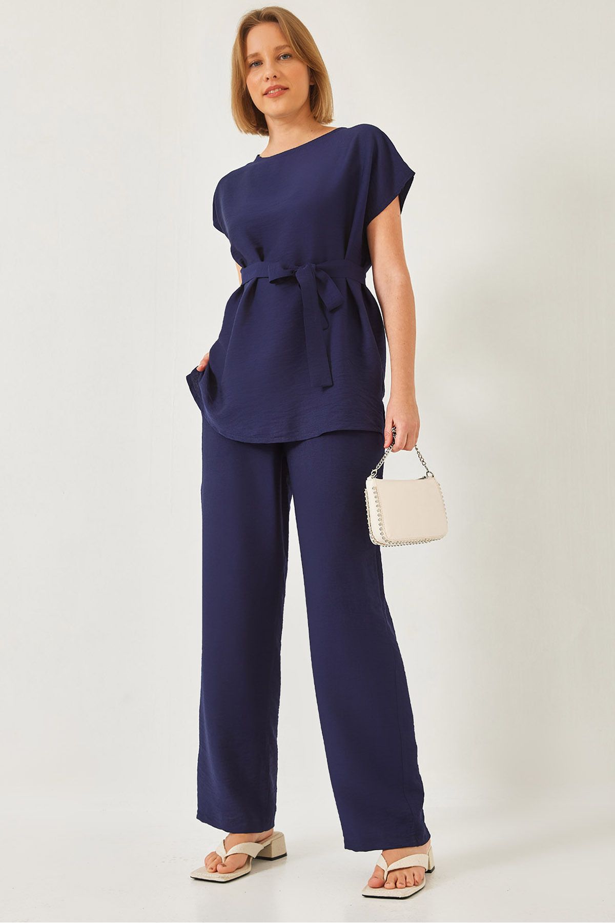 Bianco Lucci-Linen Belted Palazzo Trousers Set - Ayrobin 60323 60271039 1