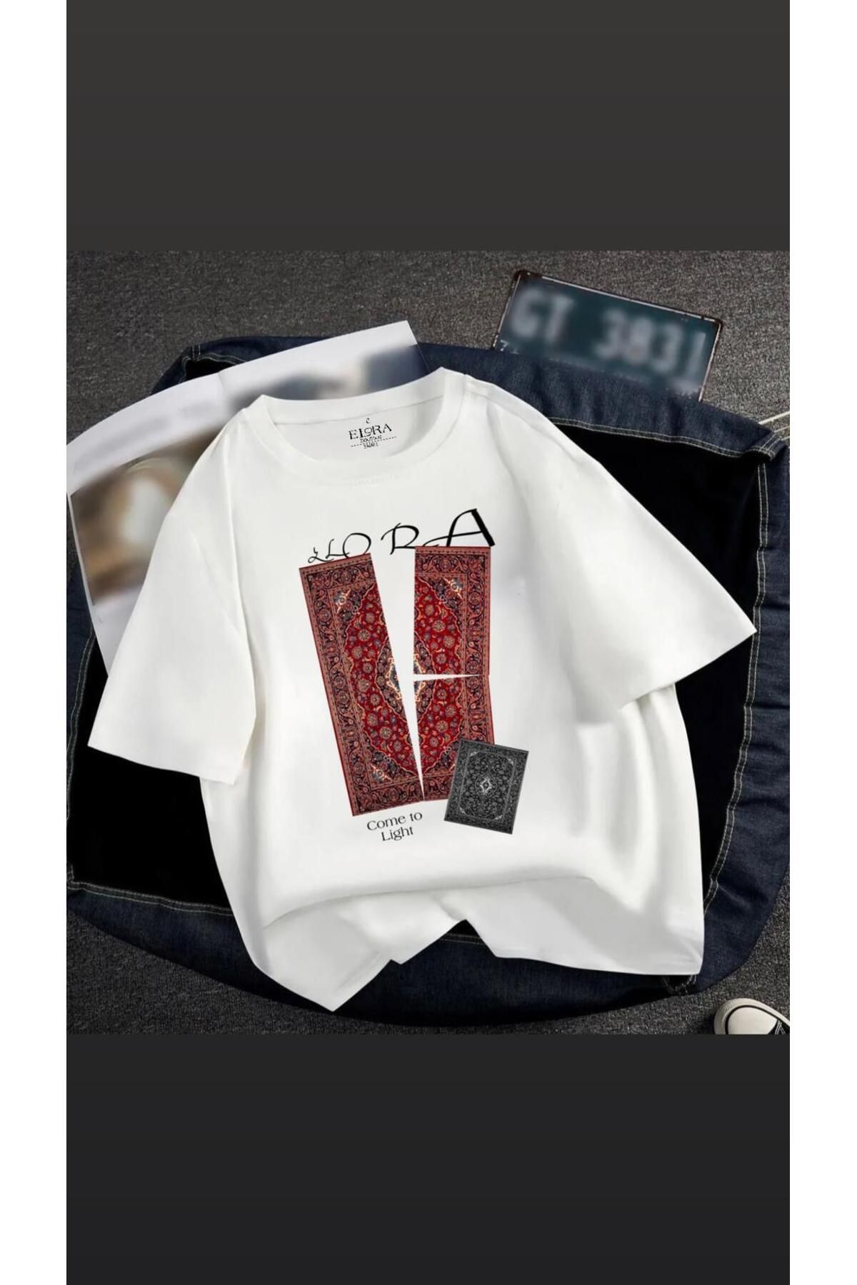 MODA24 Siyah Unisex Oversize Etnik desen T-Shirt