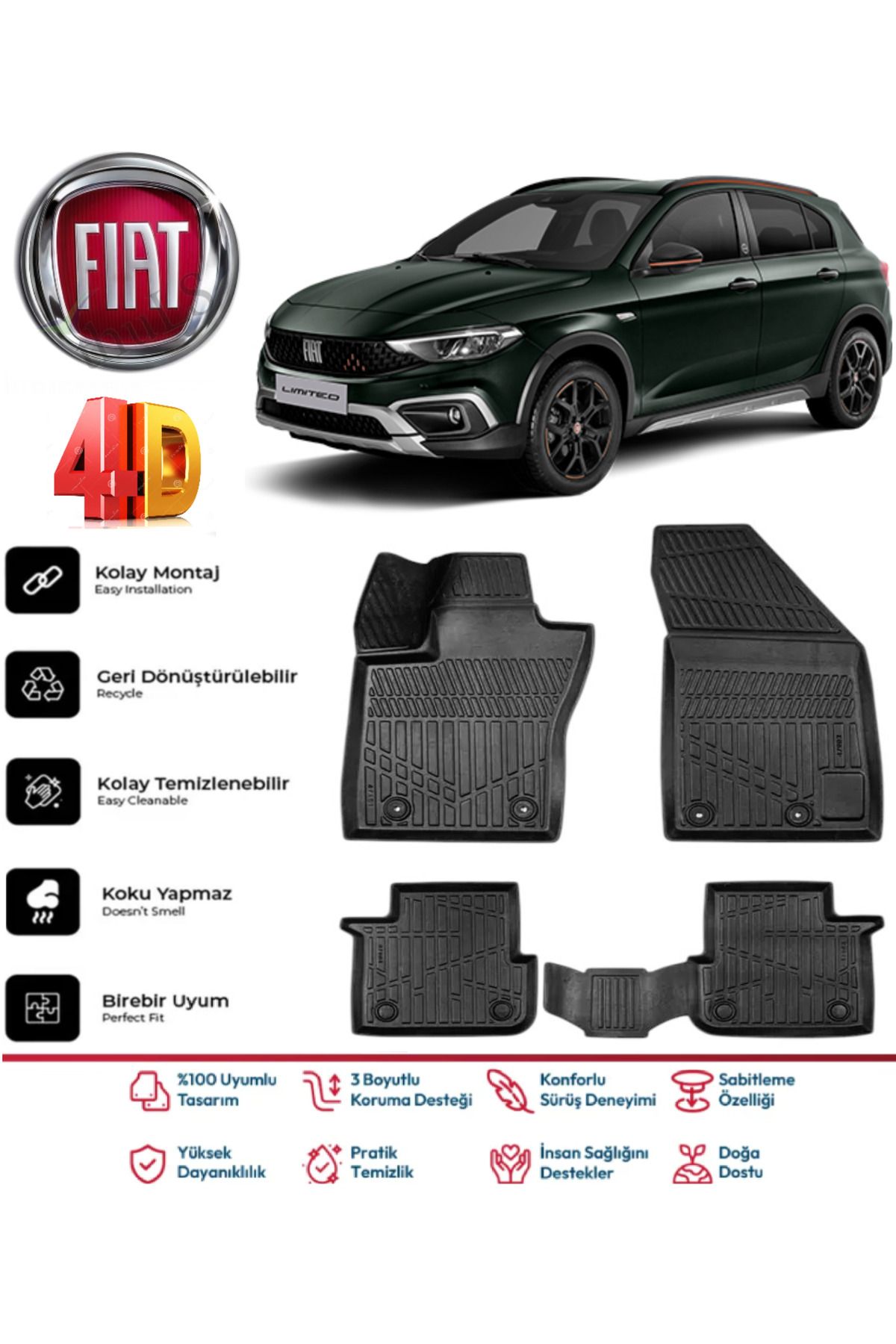 ko kaliteoto Fiat Egea Cross 2021 Model uyumlu 4D Havuzlu Paspas