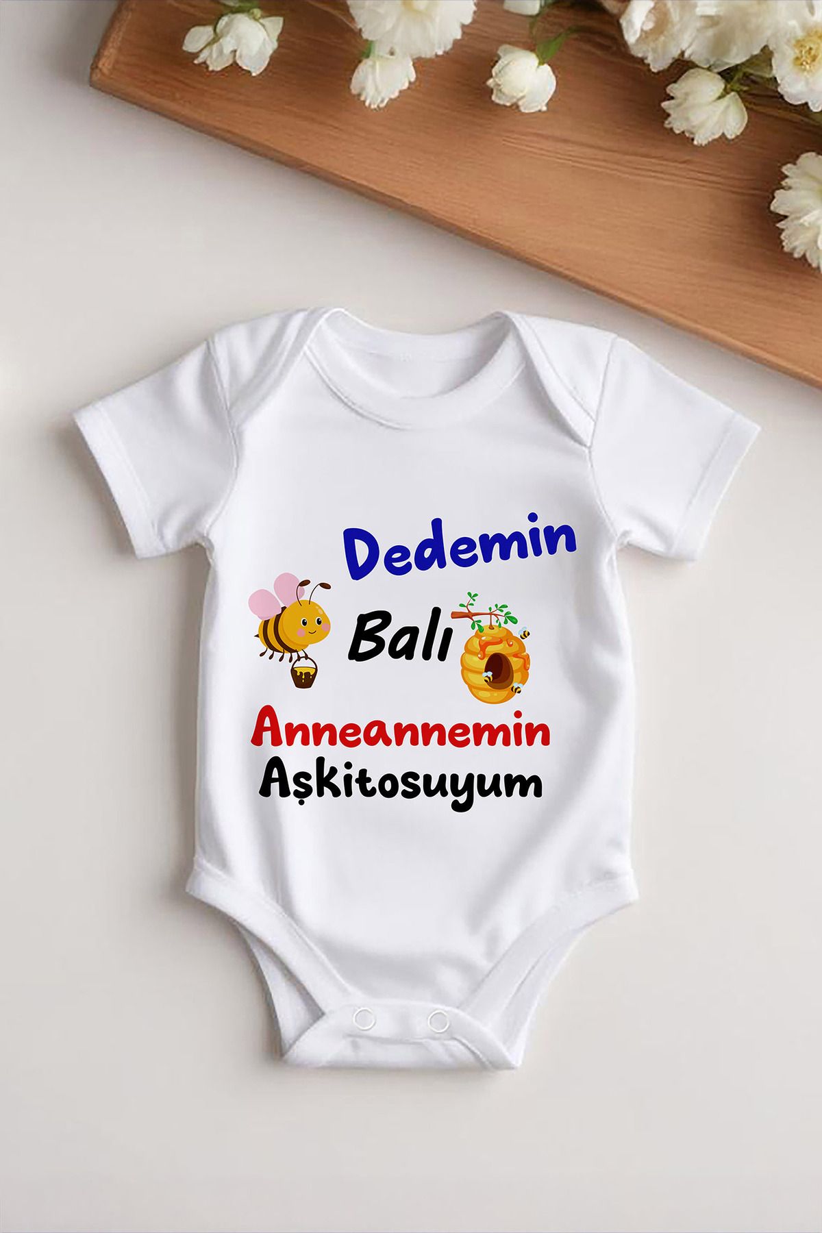 Tufi Baby %100 Pamuk Kısa Kollu Dedemin Balı Anneannemin Aşkitosuyum Desenli Çıtçıtlı Bebek Body Zıbın Beyaz