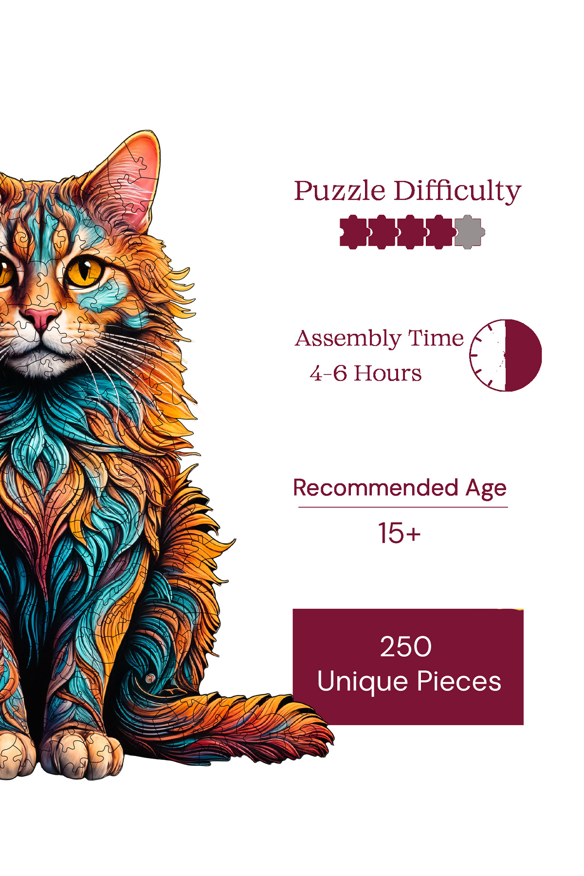 Pinecone-Cat Patterned Wooden Puzzle - 250 Piece Puzzle, Foil Included, 27X33 cm Wz-25 6