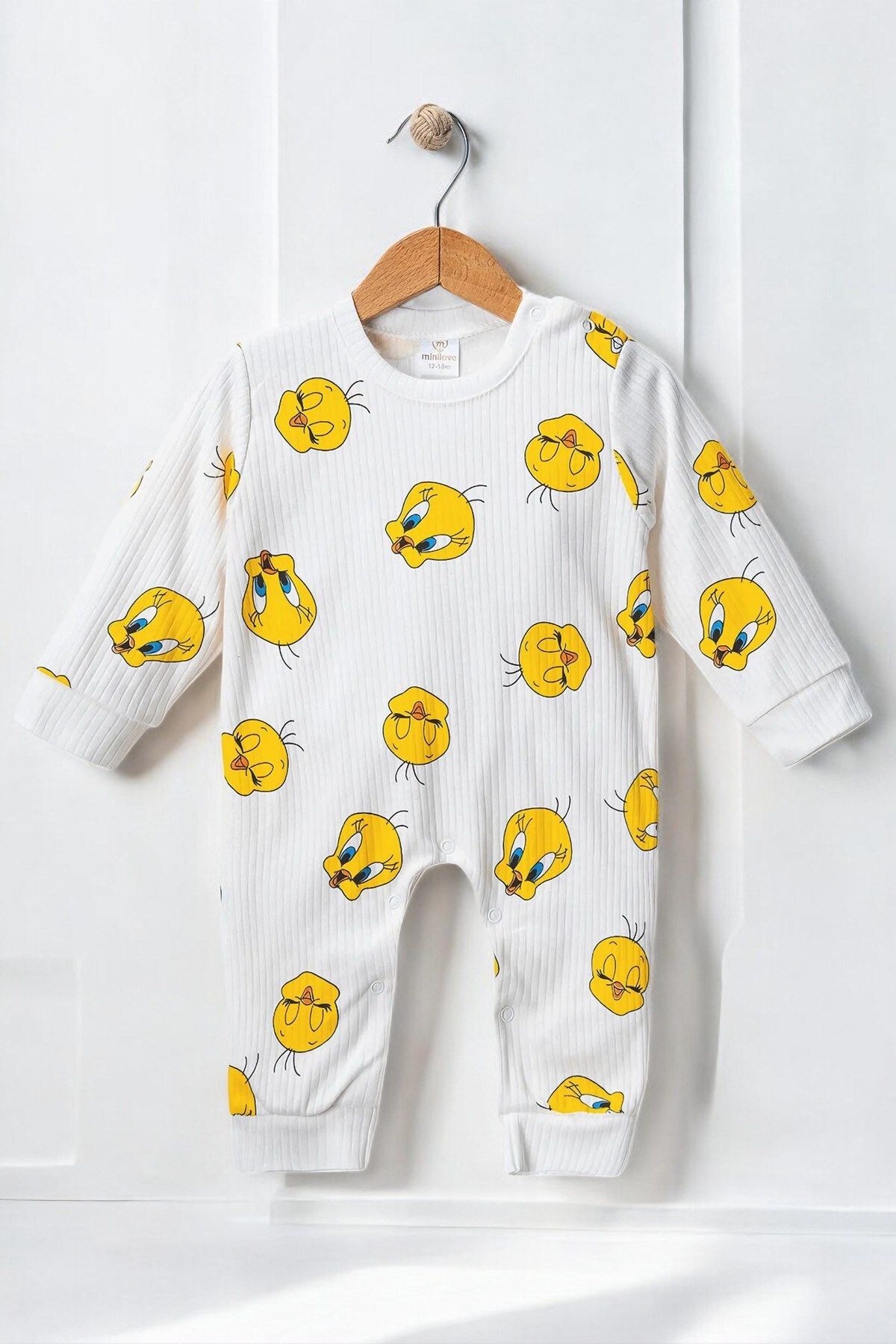 NEGİYYİM Tweety Desenli Raporlu Şapkalı Unisex Bebek Tulum 3-18 Ay %100 Pamuk